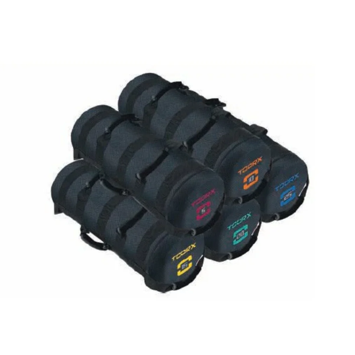 Several black sandbags with handles, stacked on a white background.