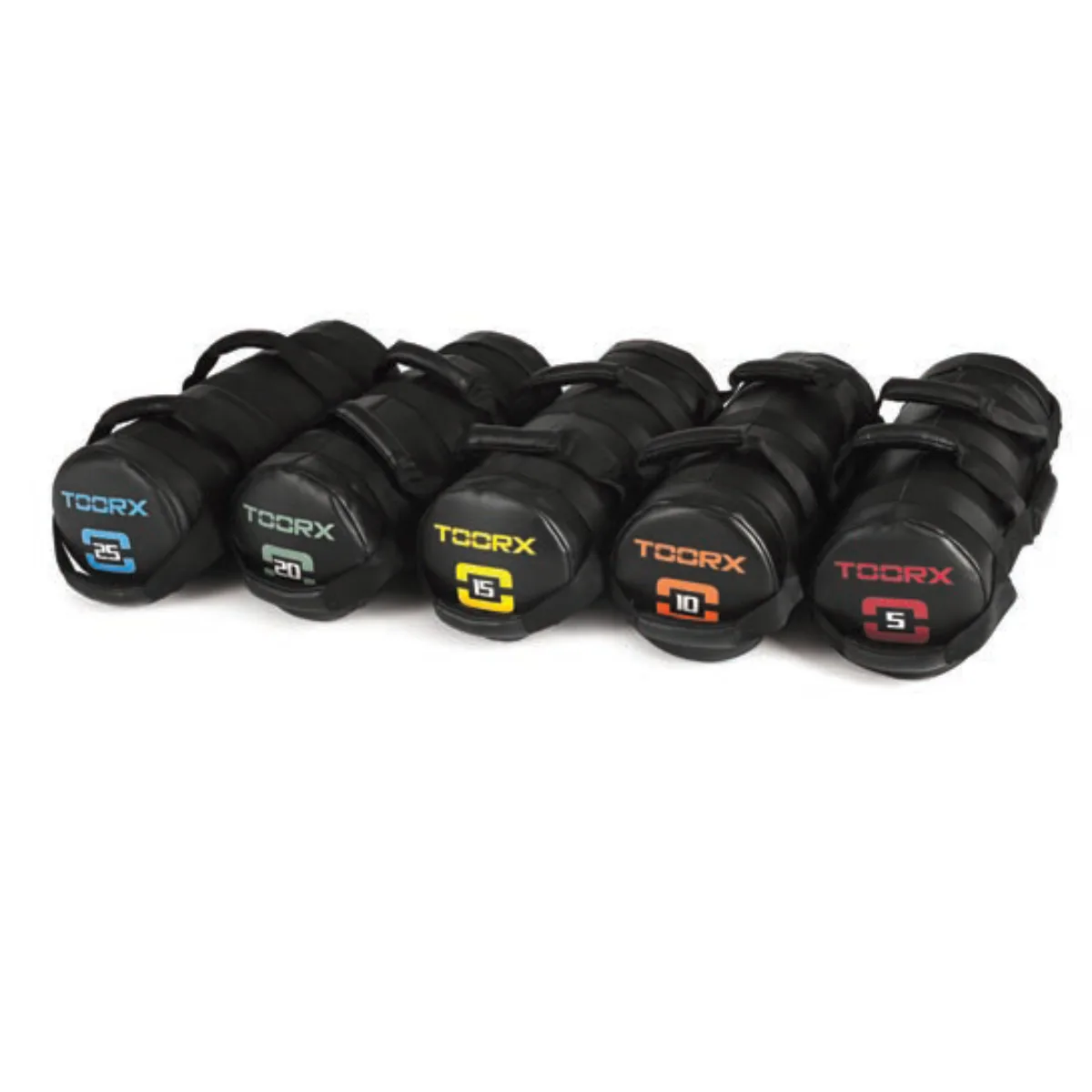 Five black sandbags with handles and weight markings (25, 20, 15, 10, 5).