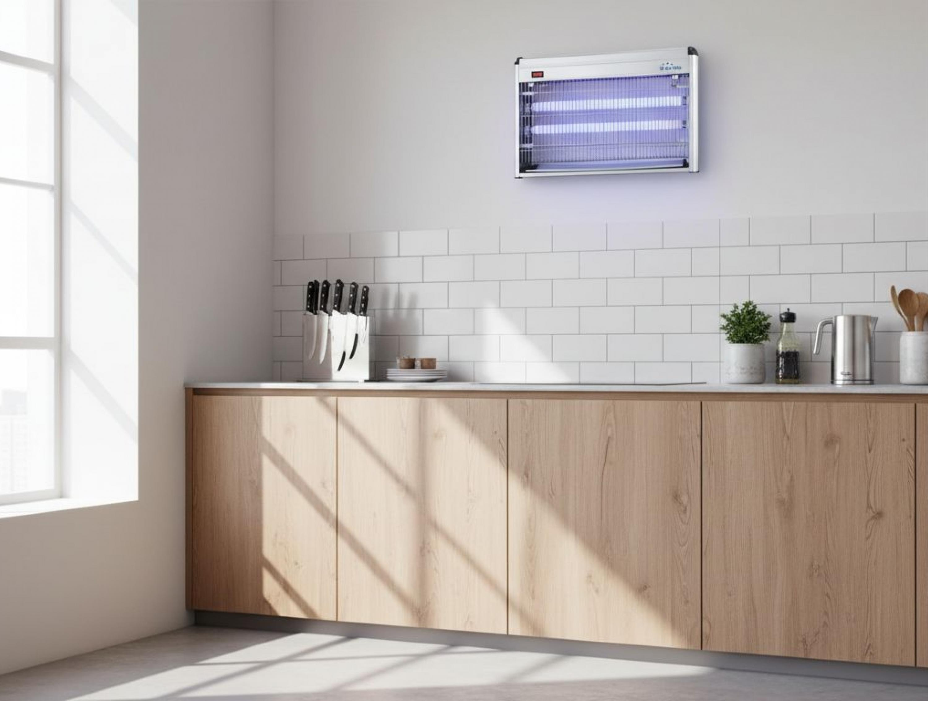 Un mata insectos con luces azules cuelga de una pared blanca con azulejos sobre gabinetes de madera.