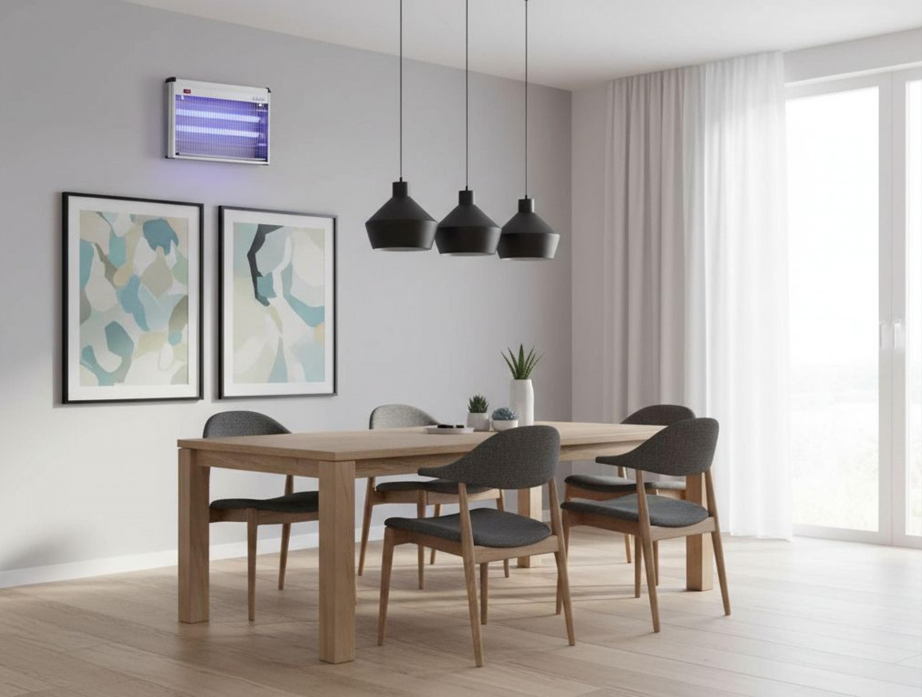 Un comedor con mesa de madera, sillas, arte y mata insectos.