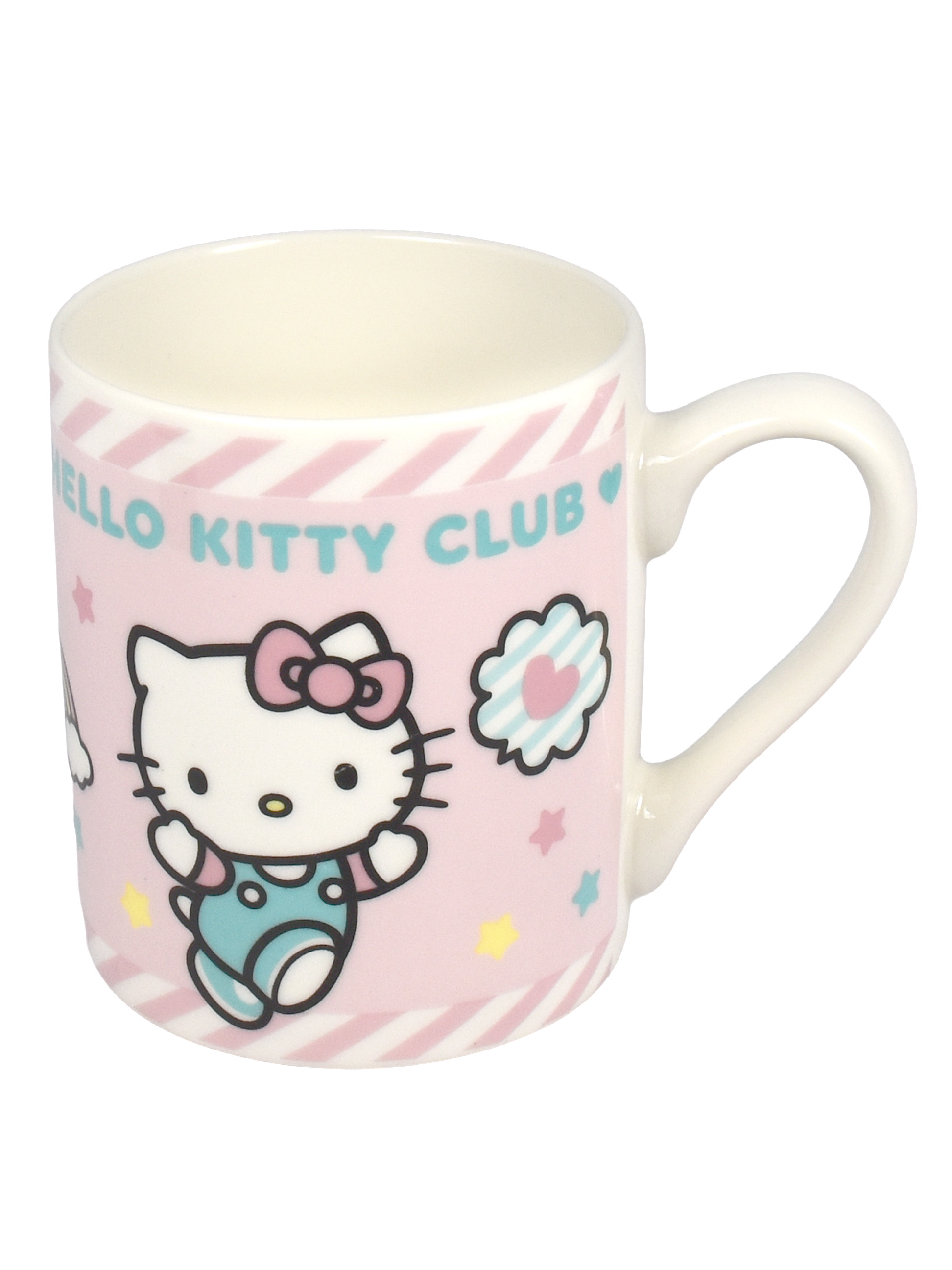 Eine weiße Tasse mit Hello Kitty und rosa Streifen. Sie hat einen Griff.