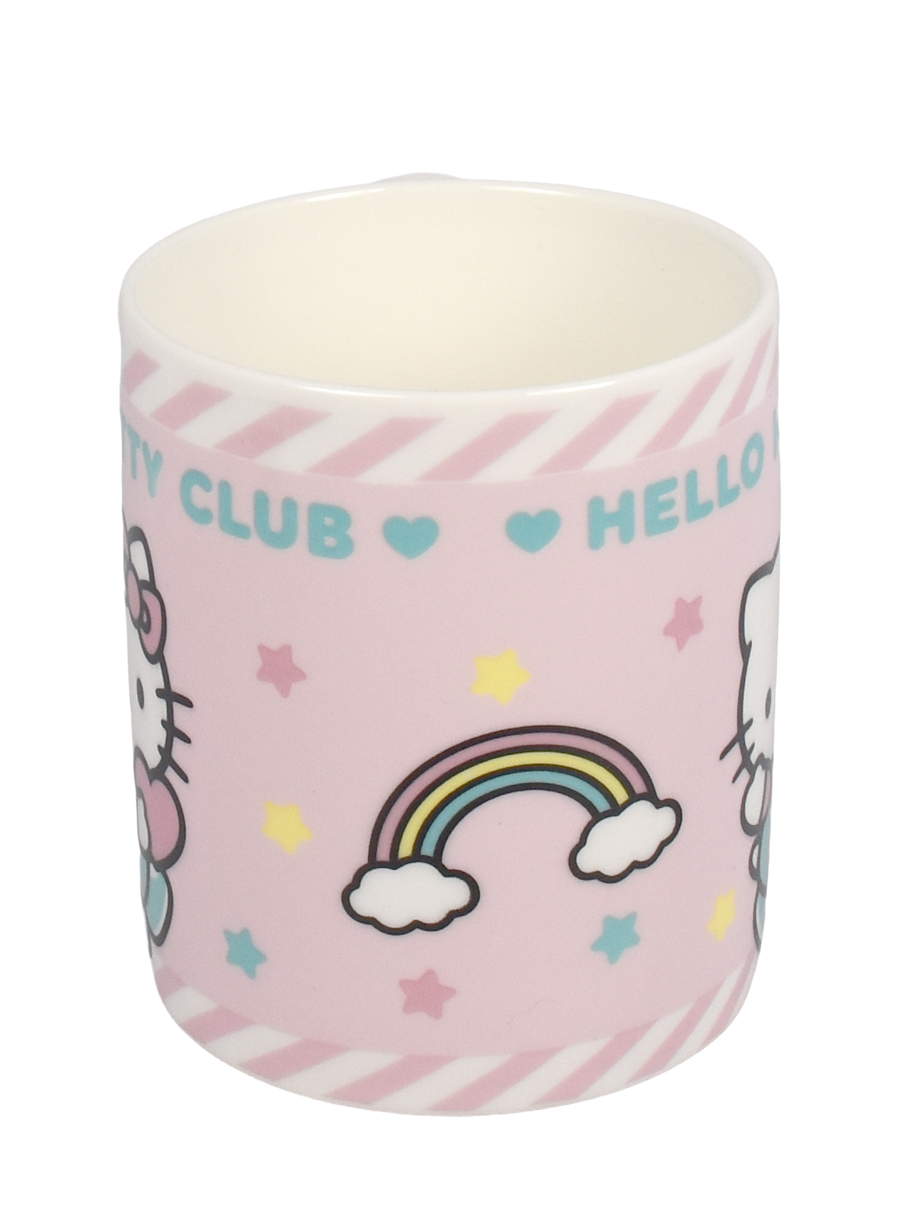 Eine rosa Tasse mit Hello Kitty, Regenbogen und Sternen.