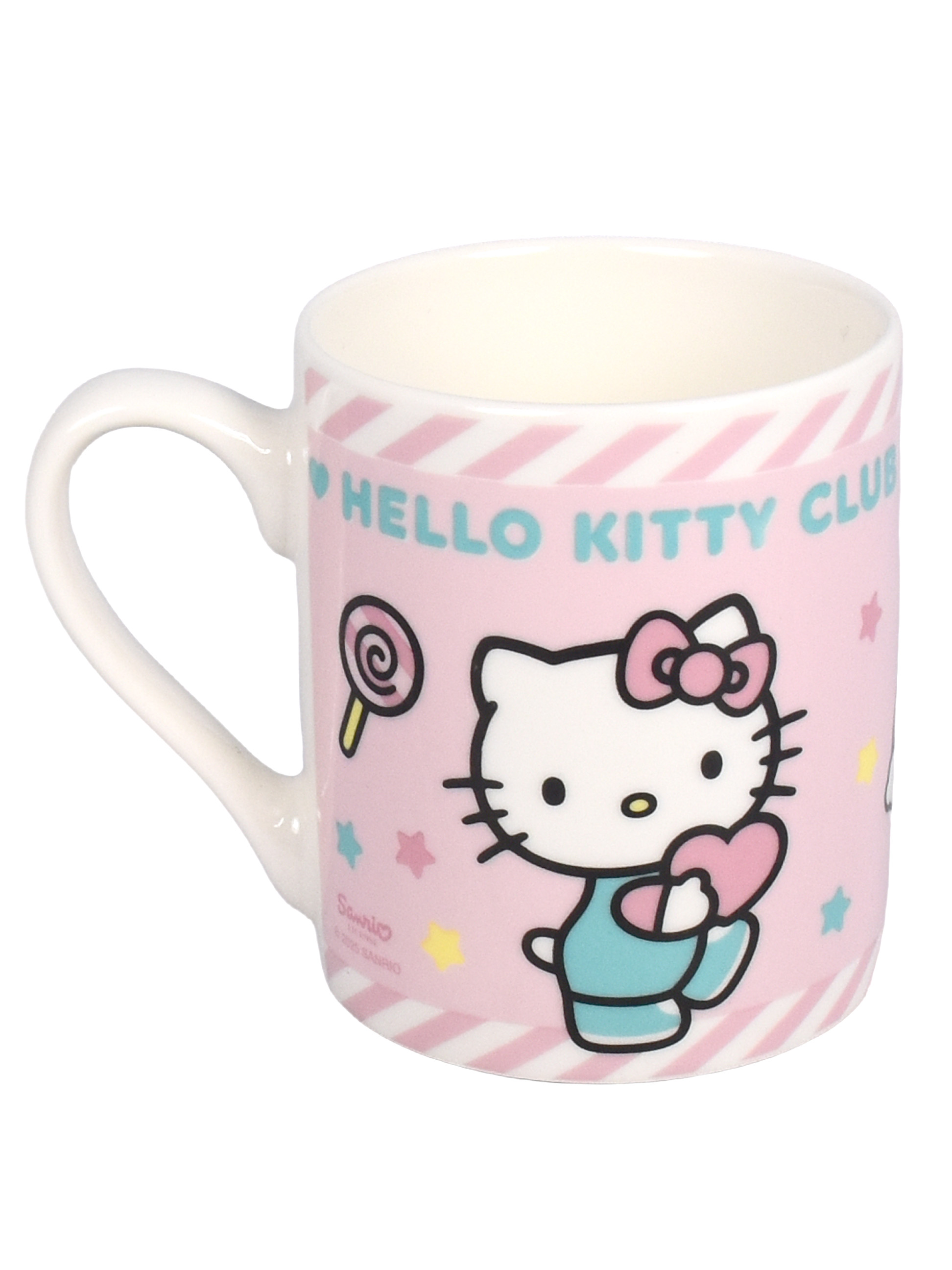 Eine rosafarbene Tasse mit Hello Kitty, die ein Herz hält.