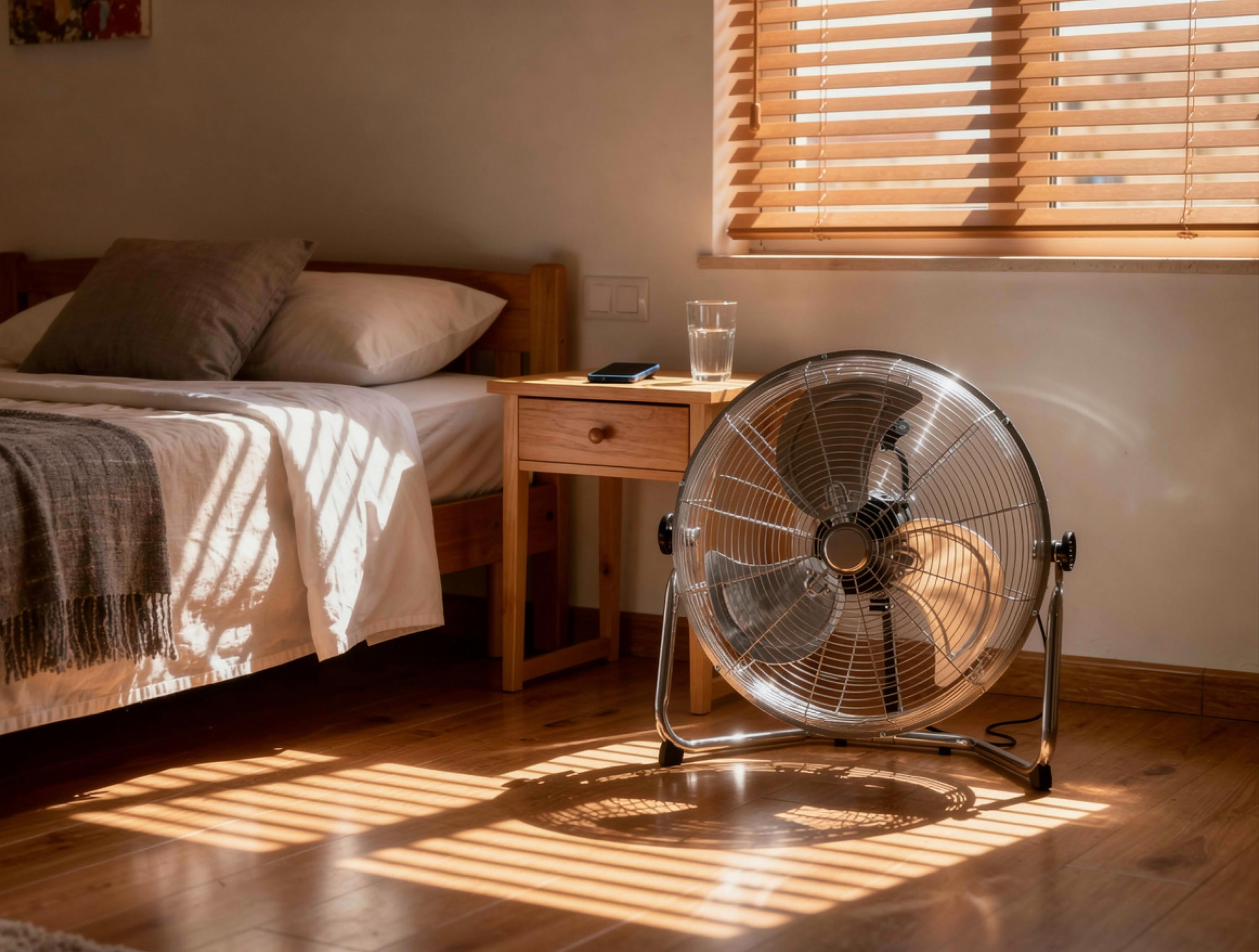 Un ventilador junto a una cama, iluminada por la luz solar a través de persianas.