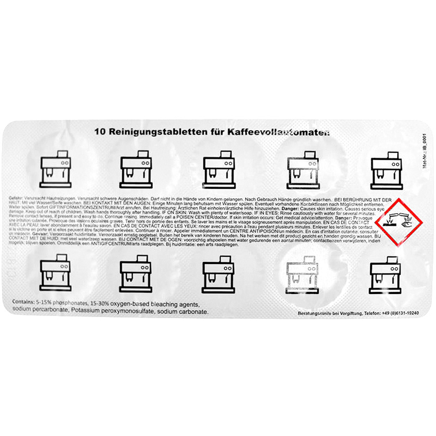 10 Reinigungstabletten für Kaffeevollautomaten mit Warnsymbolen.