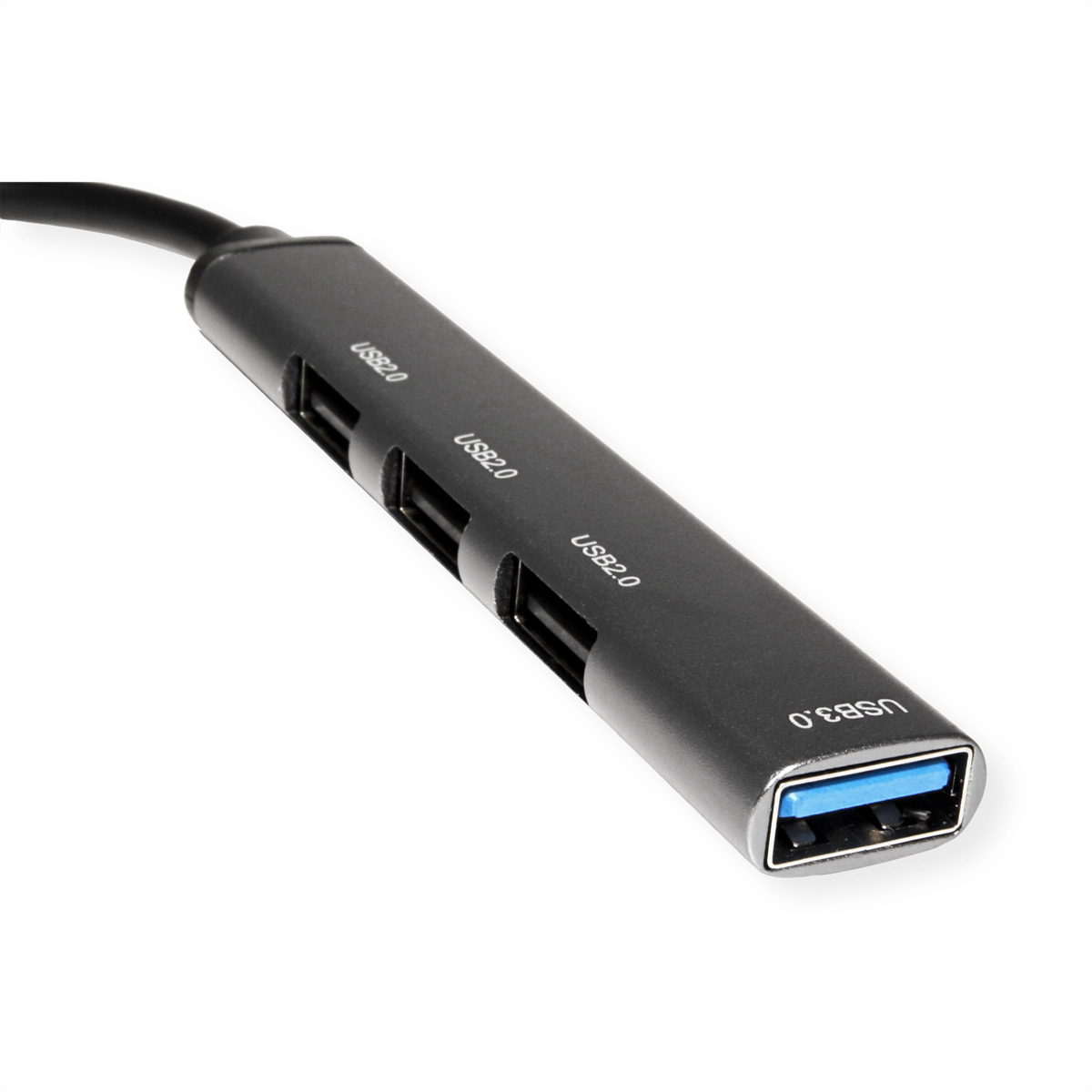 Grauer USB-Hub mit drei USB2.0-Anschlüssen und einem USB3.0-Anschluss.
