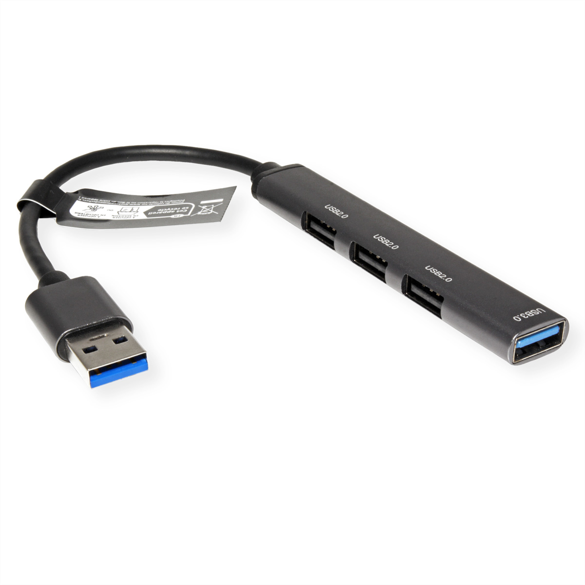 Schwarzer USB-Hub mit drei USB 2.0 und einem USB 3.0 Anschluss.