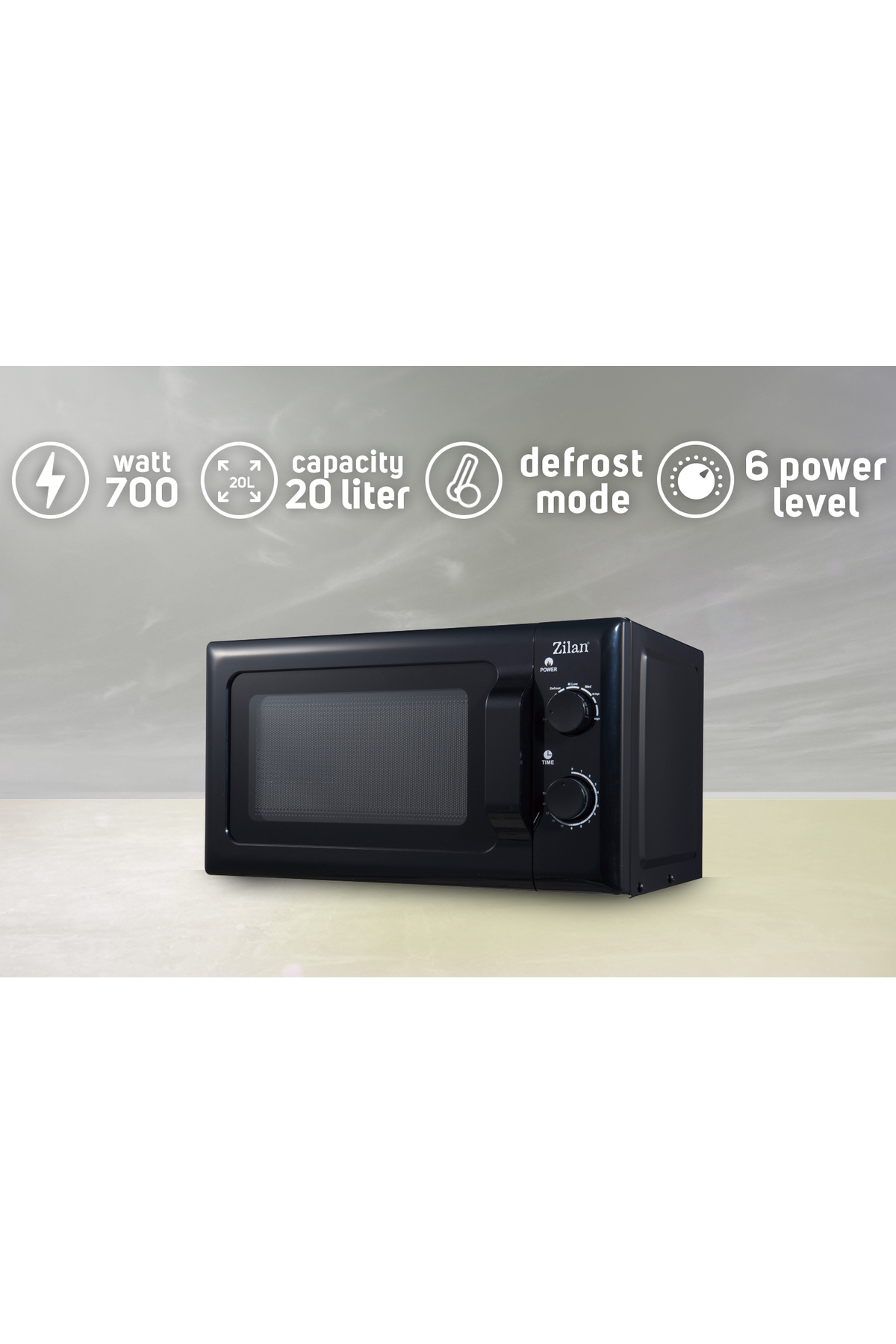 Siyah mikrodalga 700W, 20L, buz çözme modu, 6 güç seviyesi.