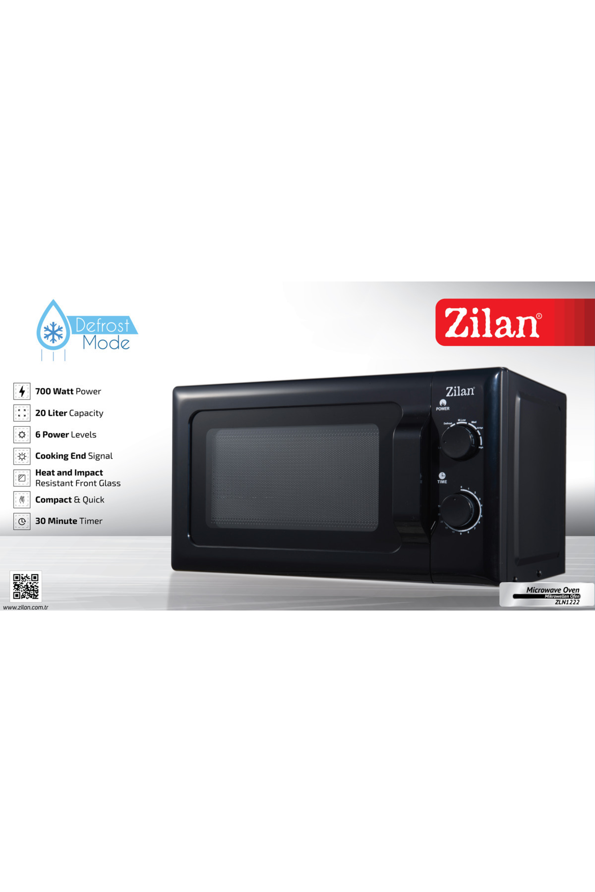 Siyah Zilan mikrodalga fırın, 700W, 20L kapasite, 6 güç seviyesi ve zamanlayıcı.