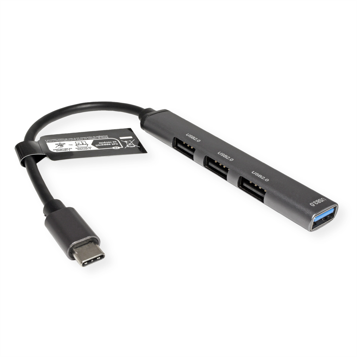 Grauer USB-C-Hub mit drei USB-2.0-Anschlüssen und einem USB-3.0-Anschluss.