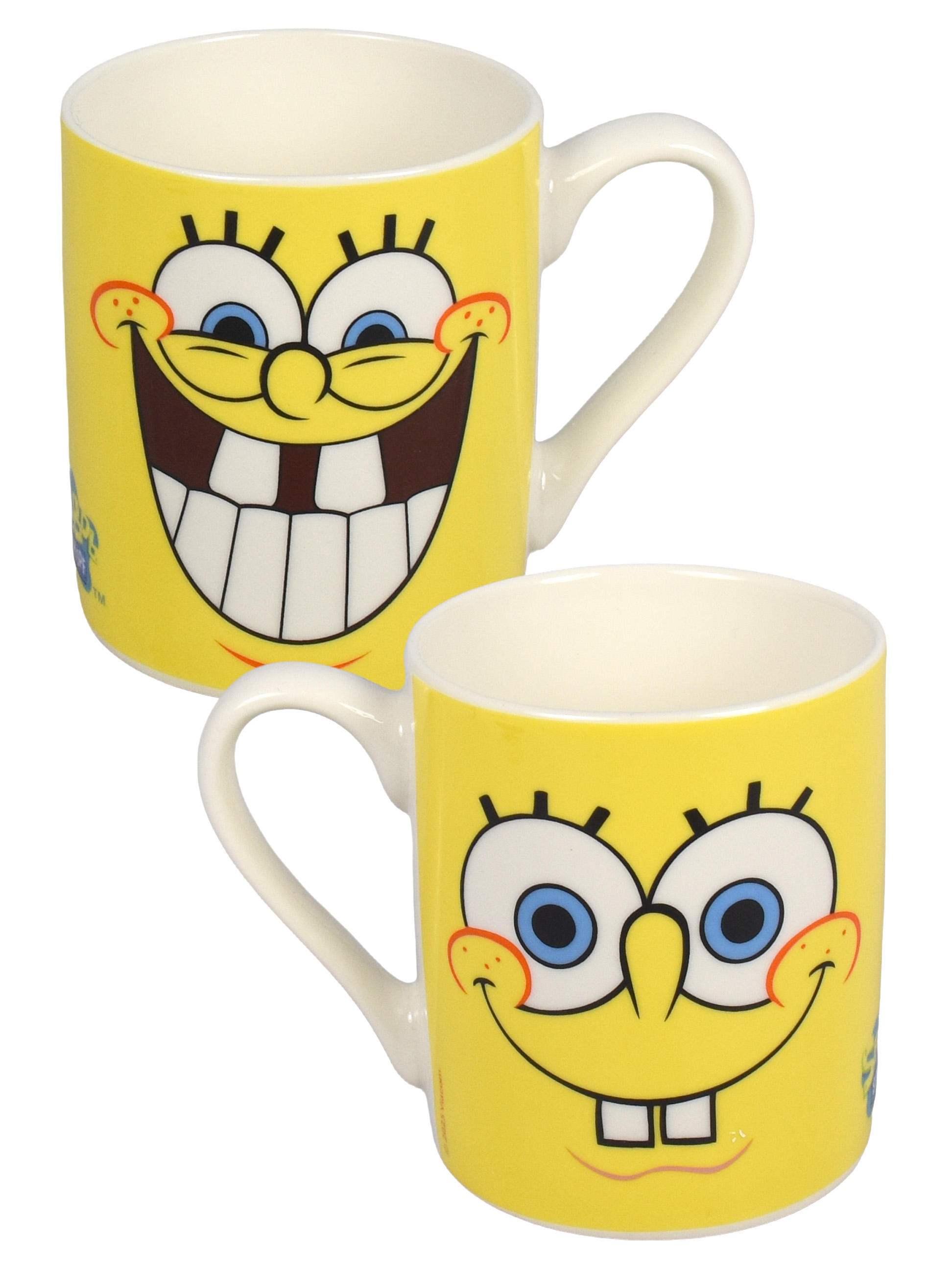 Zwei gelbe Tassen mit Spongebob-Gesichtern, weißer Griff, weißer Rand.