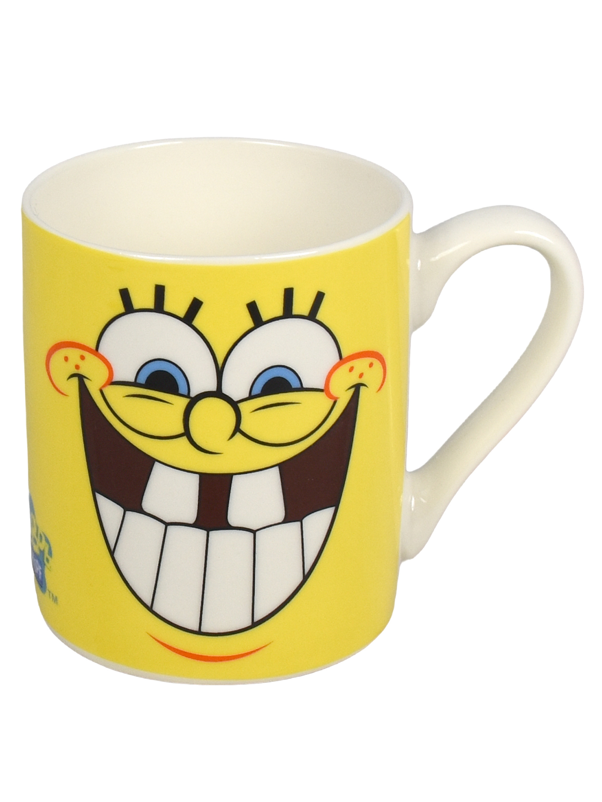 Eine gelbe Tasse mit Spongebobs Gesicht, breites Lächeln.