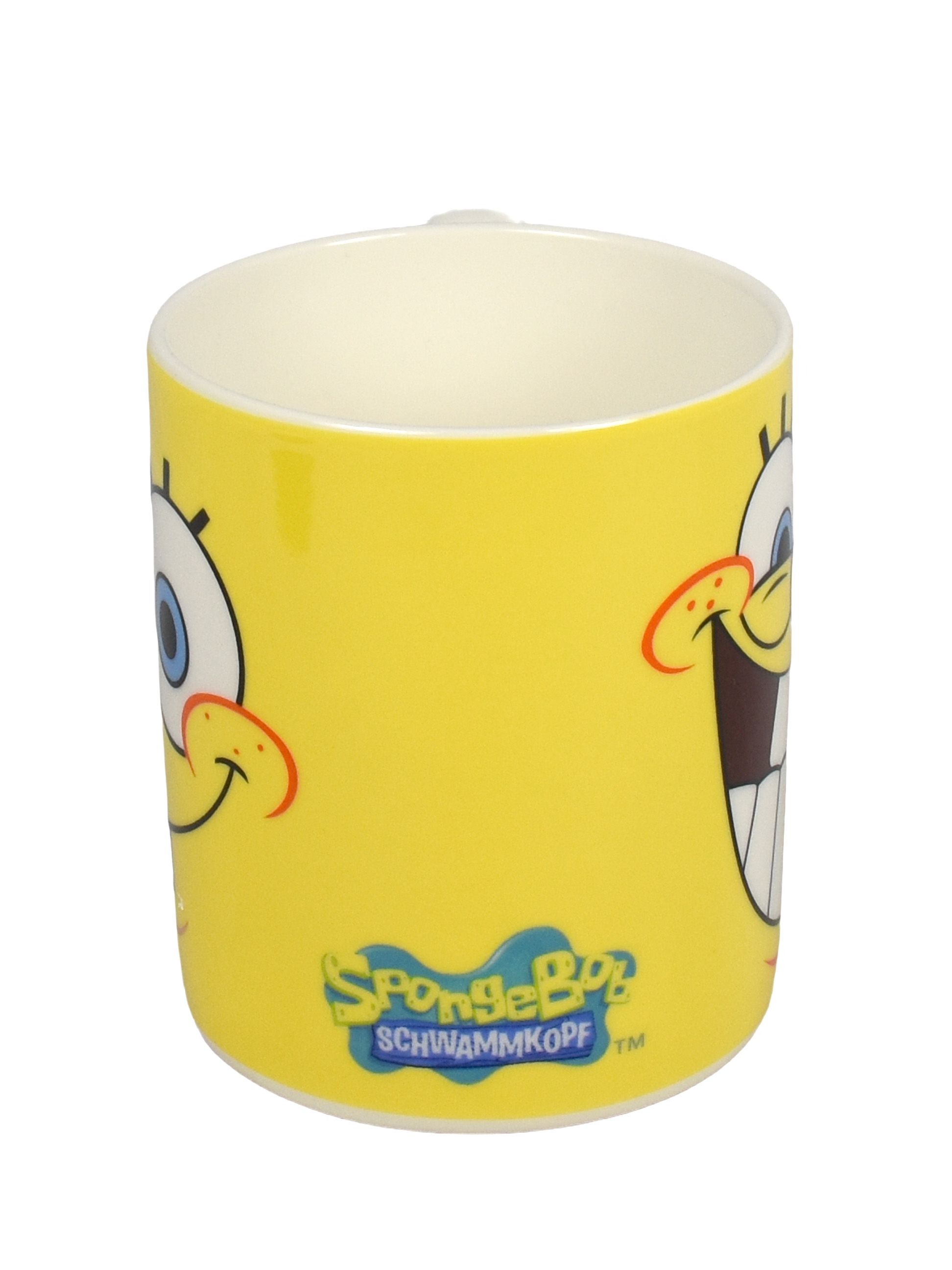 Gelbe Tasse mit Spongebob-Gesicht und Logo.