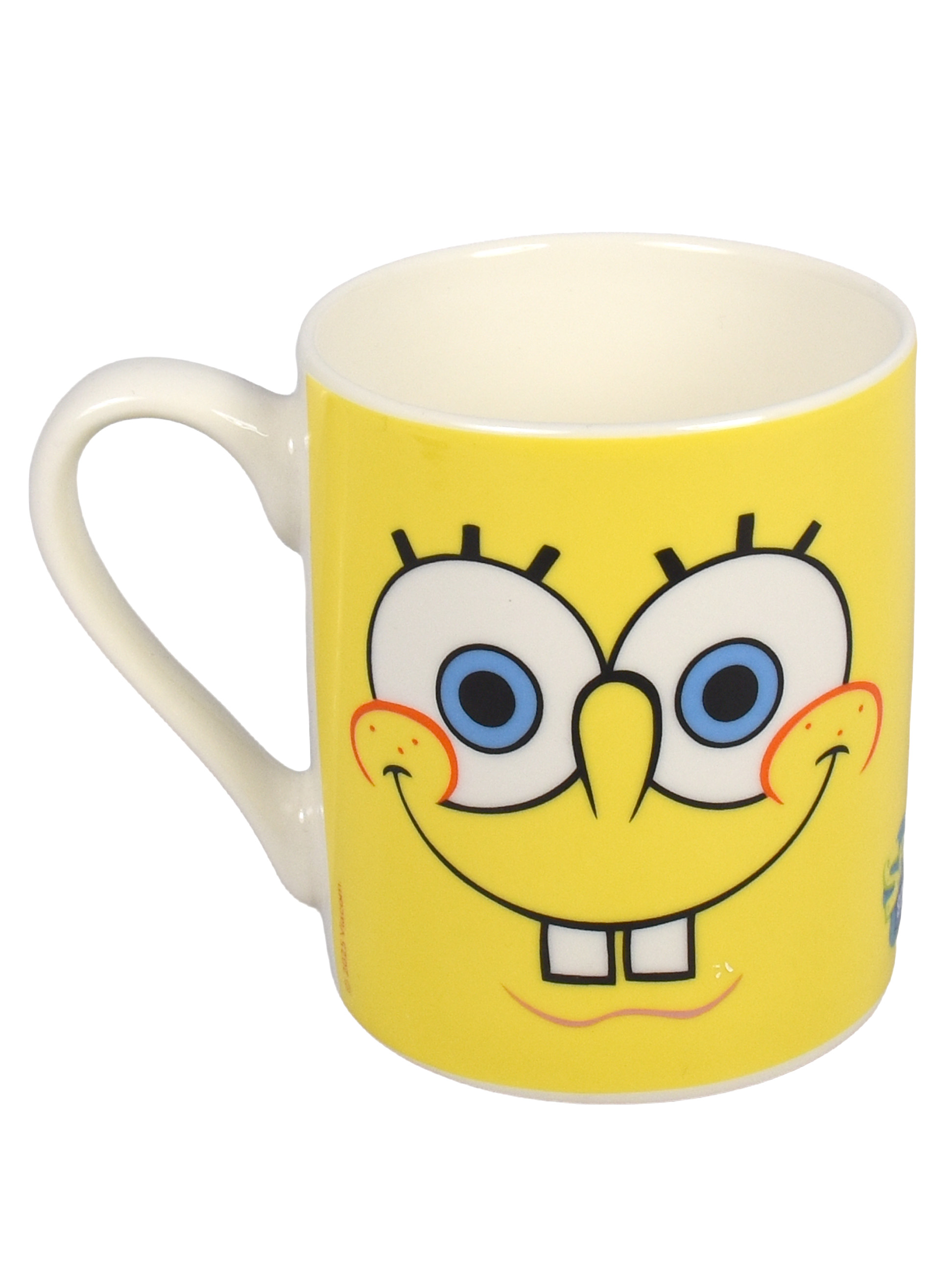 Eine gelbe Tasse mit Spongebob Schwammkopf Gesicht, weißen Griff.