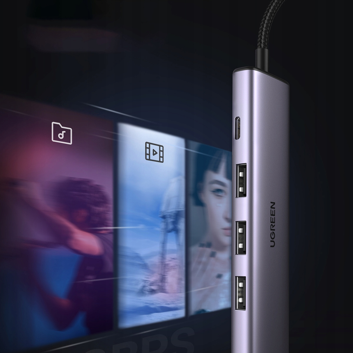 Szara stacja dokująca USB z wieloma portami obok ekranu z ikonami aplikacji.