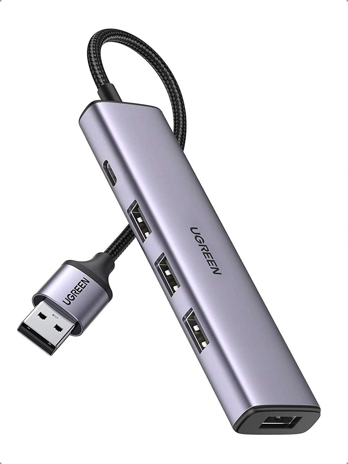 Szara przystawka USB-C z trzema portami USB-A i jednym kablem USB-A.