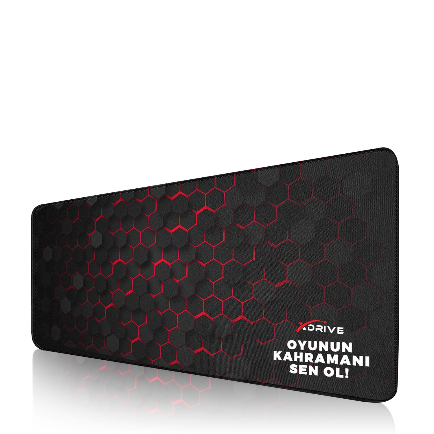 Kırmızı altıgen desenli ve yazılı siyah mousepad.