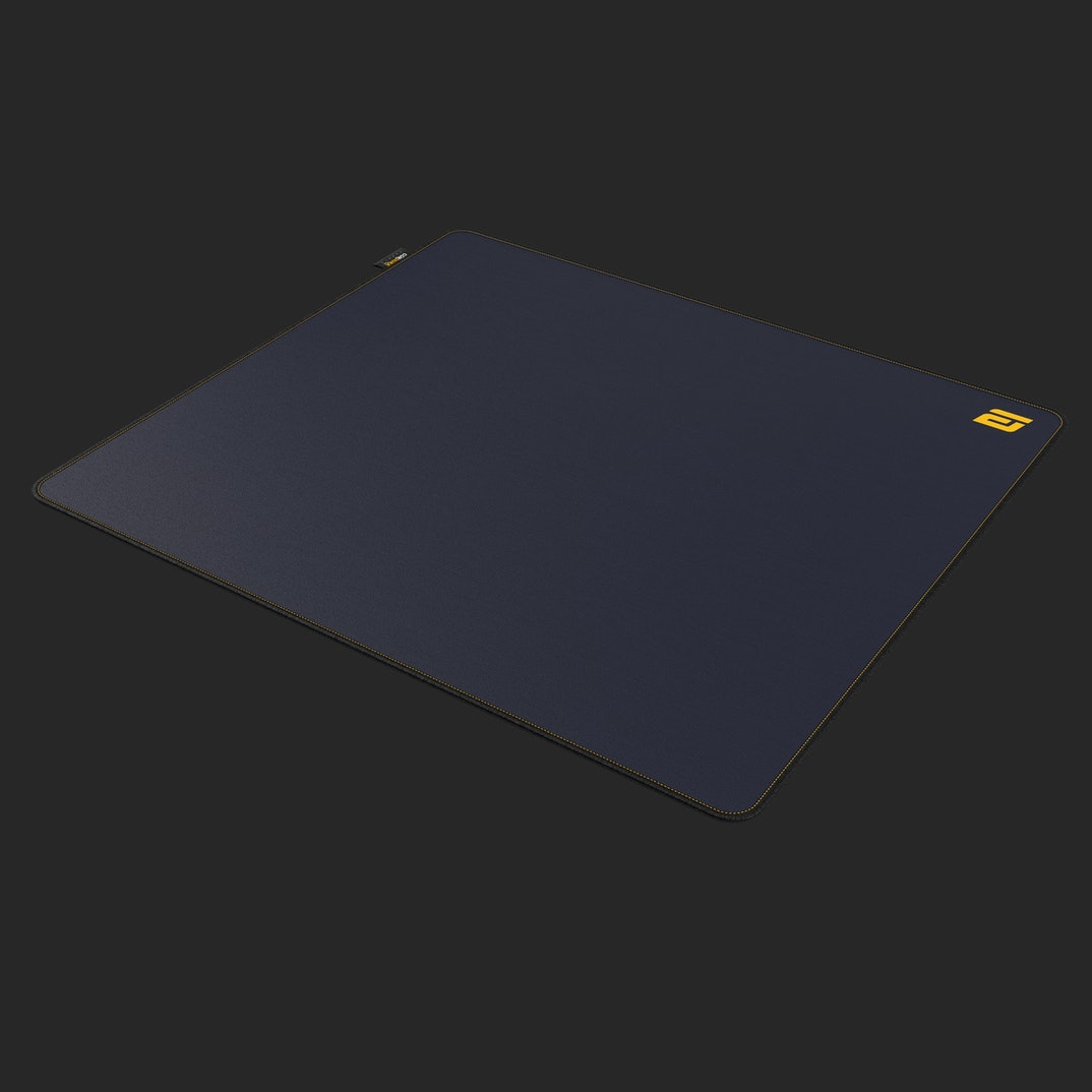 Dark blue mousepad with yellow logo and trim on black background.