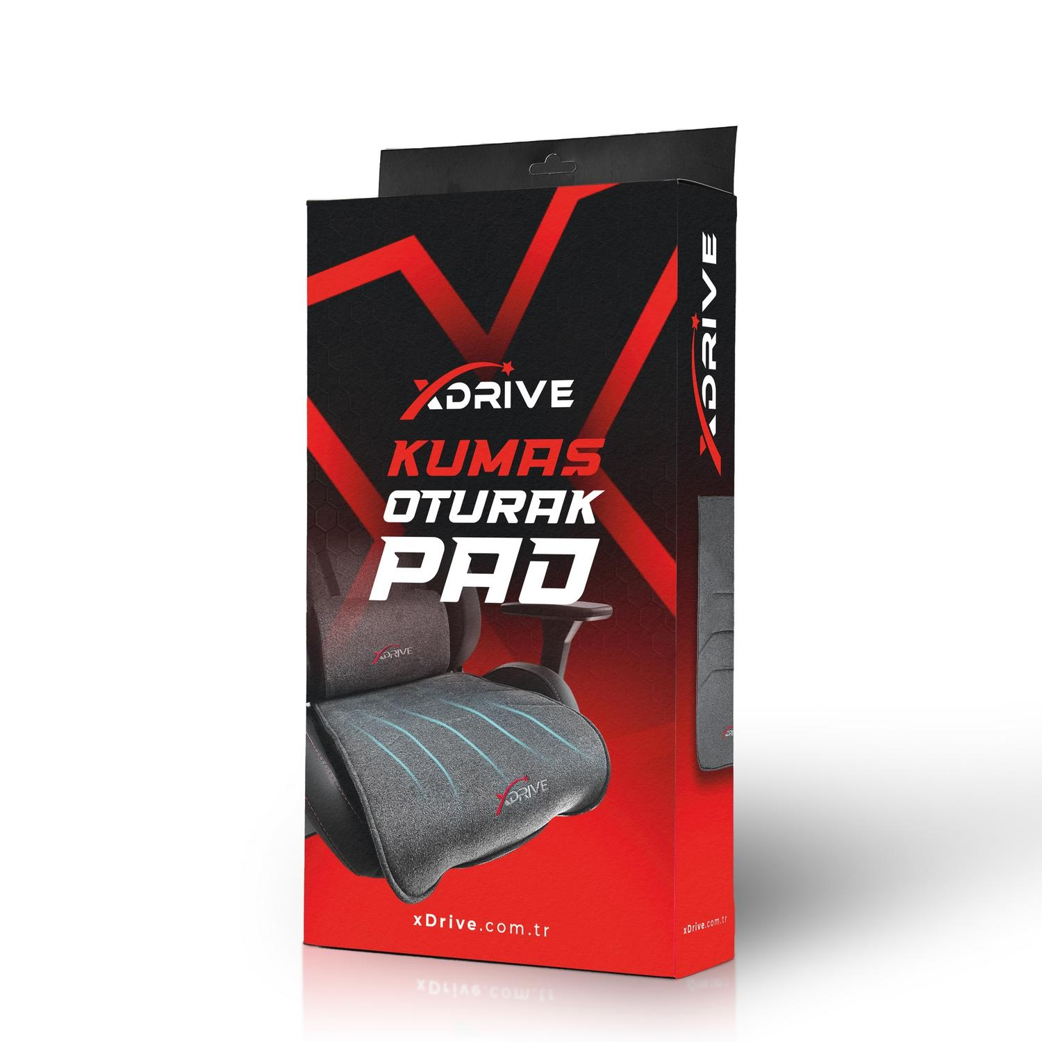 Kırmızı logolu ve oturaklı XDRIVE oyuncu koltuğu minderi ambalajı.