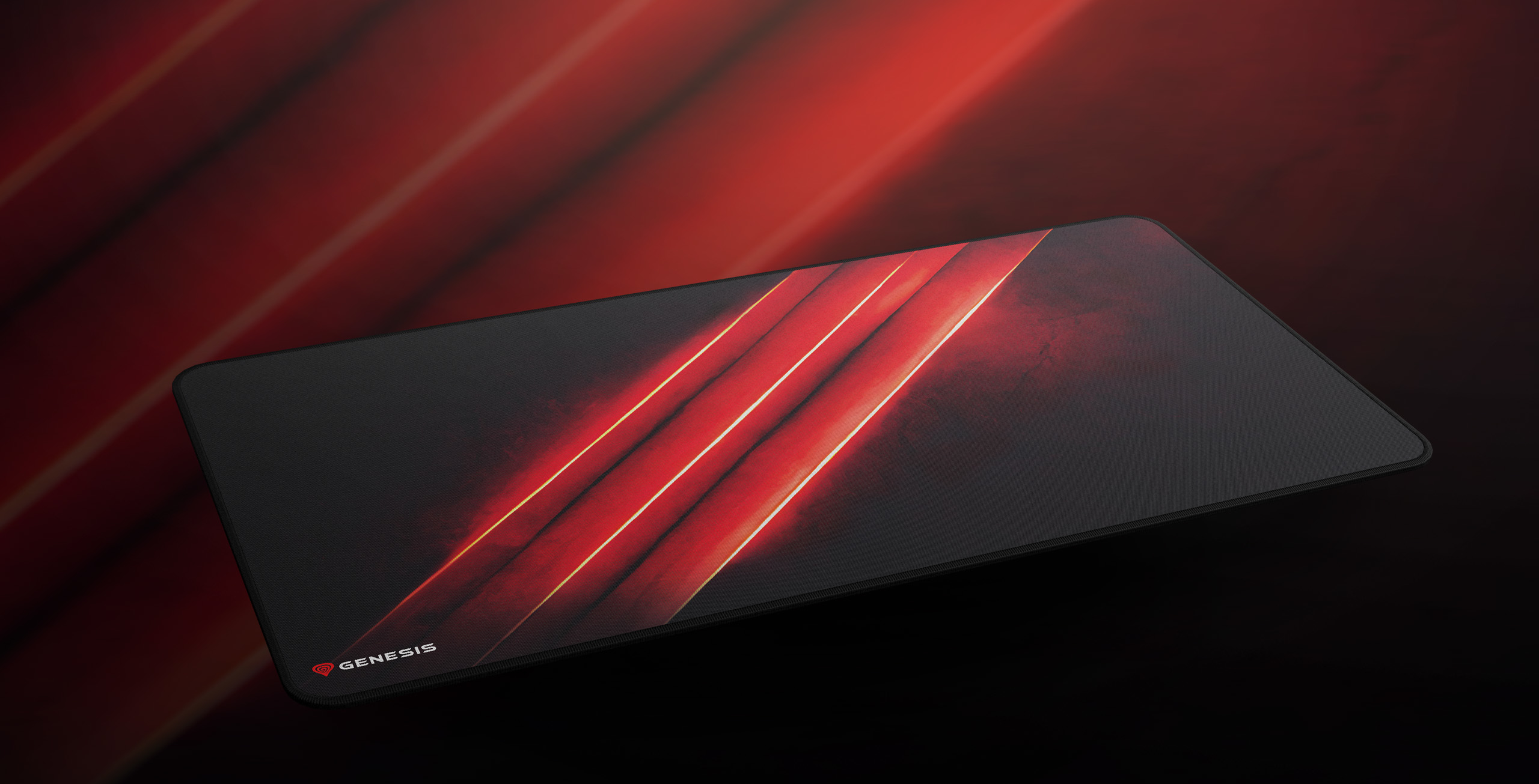 Czarna podkładka pod mysz z czerwonym abstrakcyjnym wzorem i logo Genesis.