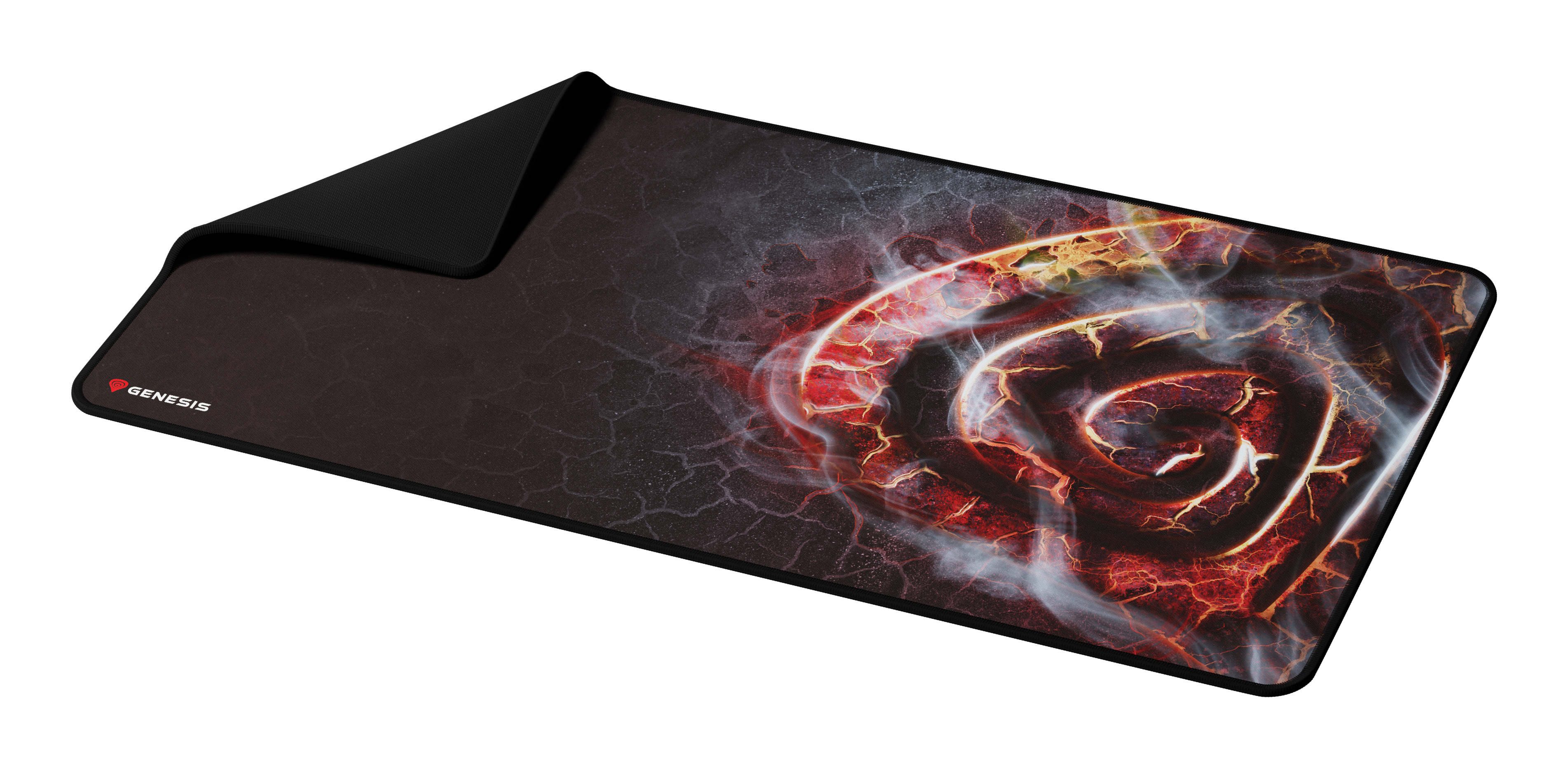Czarna podkładka pod mysz z czerwoną i złotą grafiką wiru i logo Genesis.