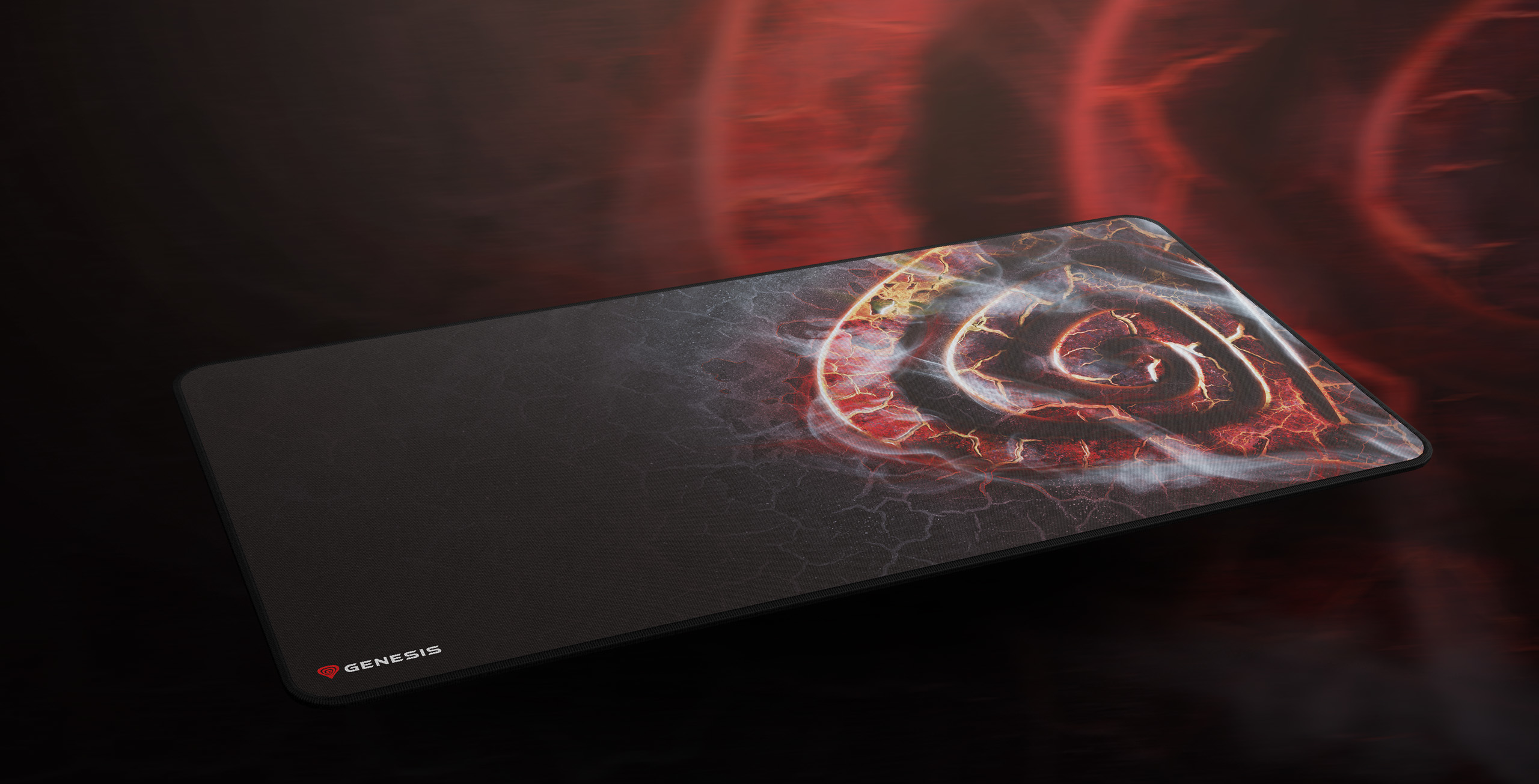 Czarna podkładka pod mysz gamingowa z ognistym wzorem wiru i logo "Genesis".