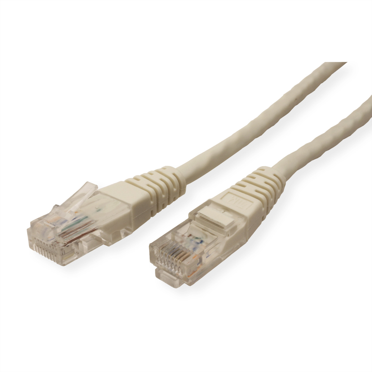 Zwei weiße Ethernet-Kabel mit transparenten Steckern liegen nebeneinander.