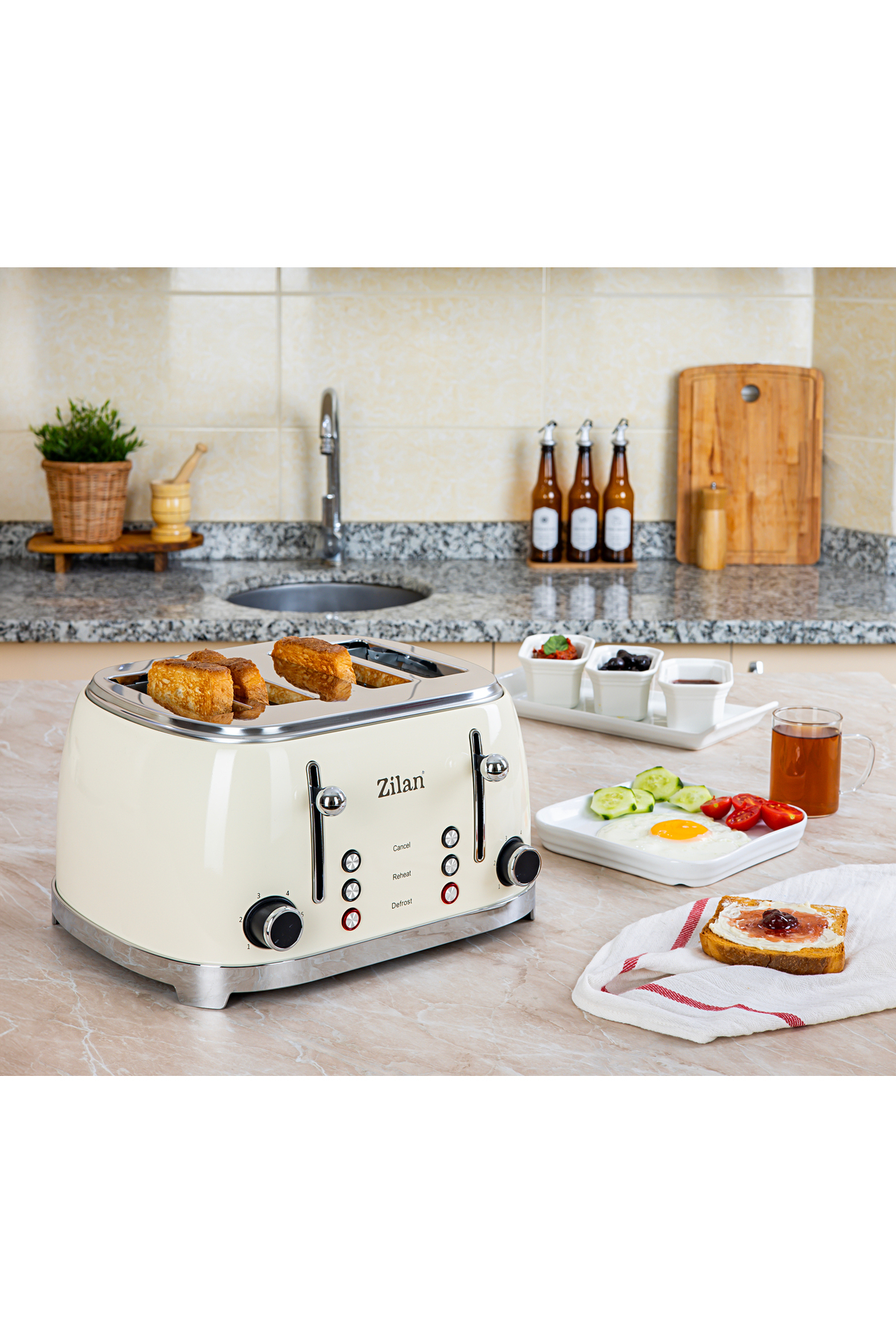 ZILAN ZLN1214 Retro 1500 W 6 Seviyeli Buz Çözme ve Yeniden Isıtmalı Ekmek Kızartma Makinesi Bej