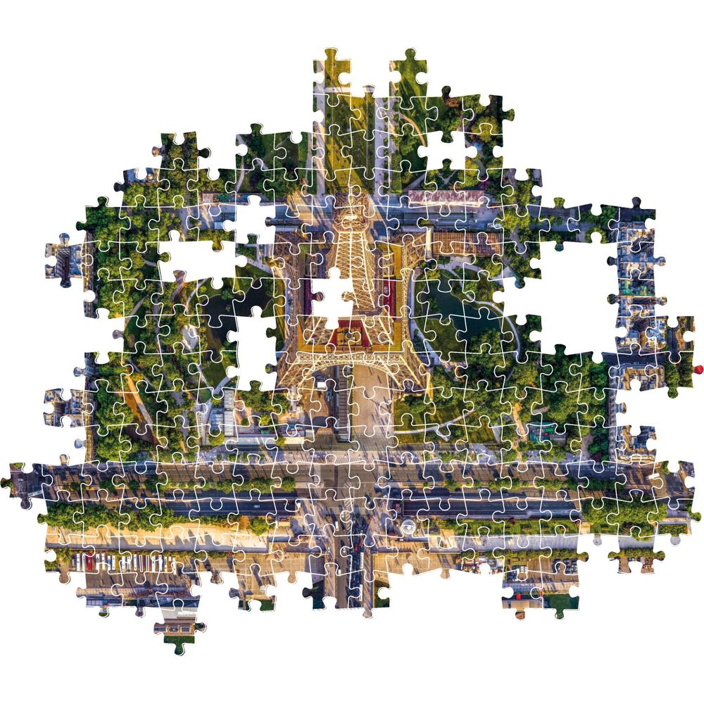 Puzzel van de Eiffeltoren overdag, met bomen en wegen. Onvolledig.