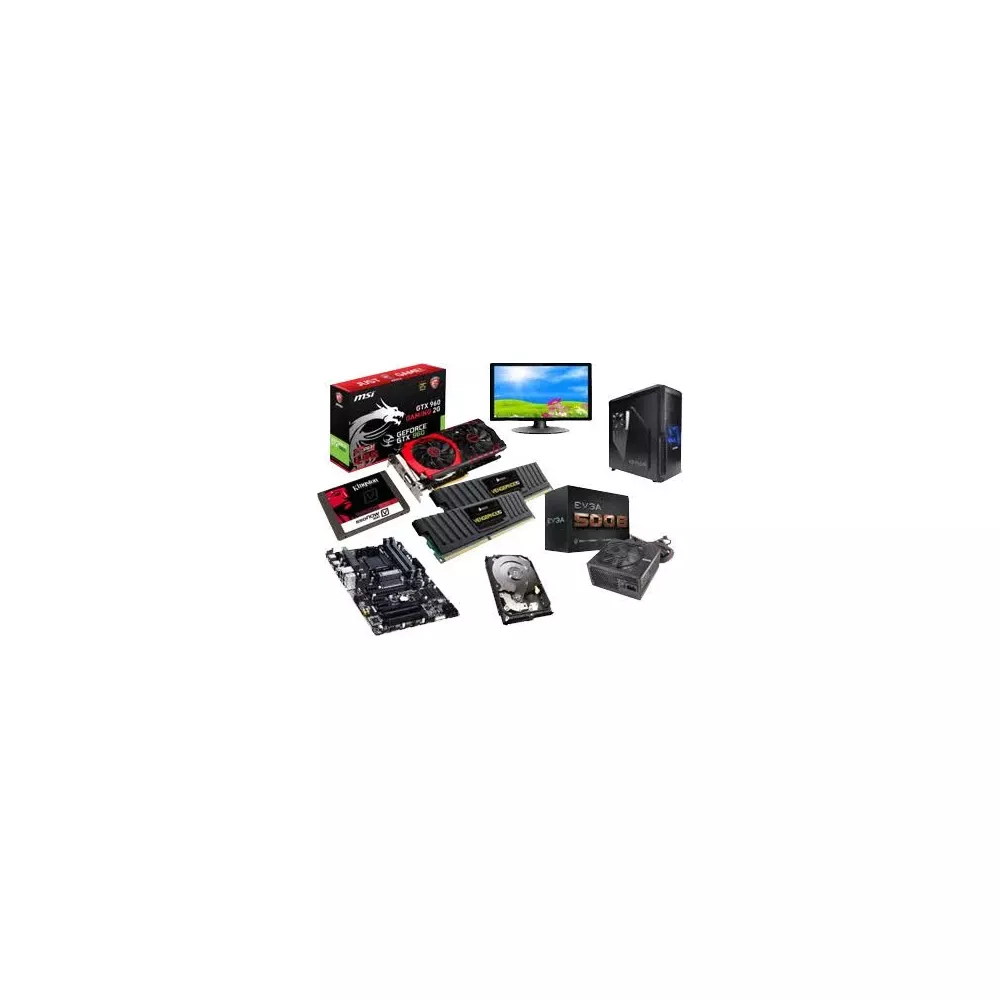 Computeronderdelen: moederbord, videokaart, RAM, SSD, HDD, voeding, monitor, behuizing.