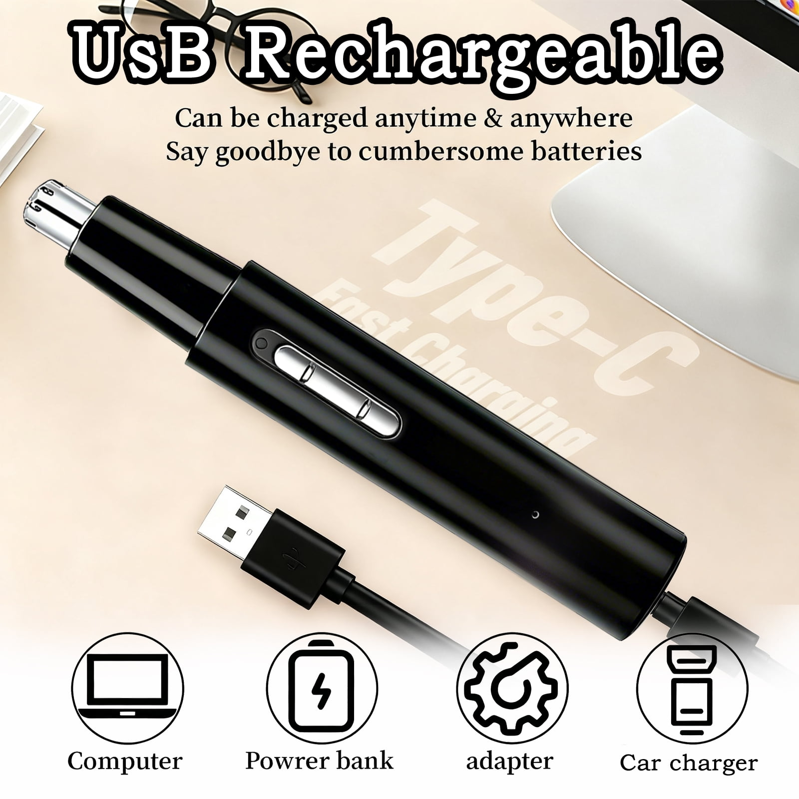 Schwarzer Nasenhaartrimmer mit USB-C-Kabel, lädt über Computer, Powerbank, Adapter.