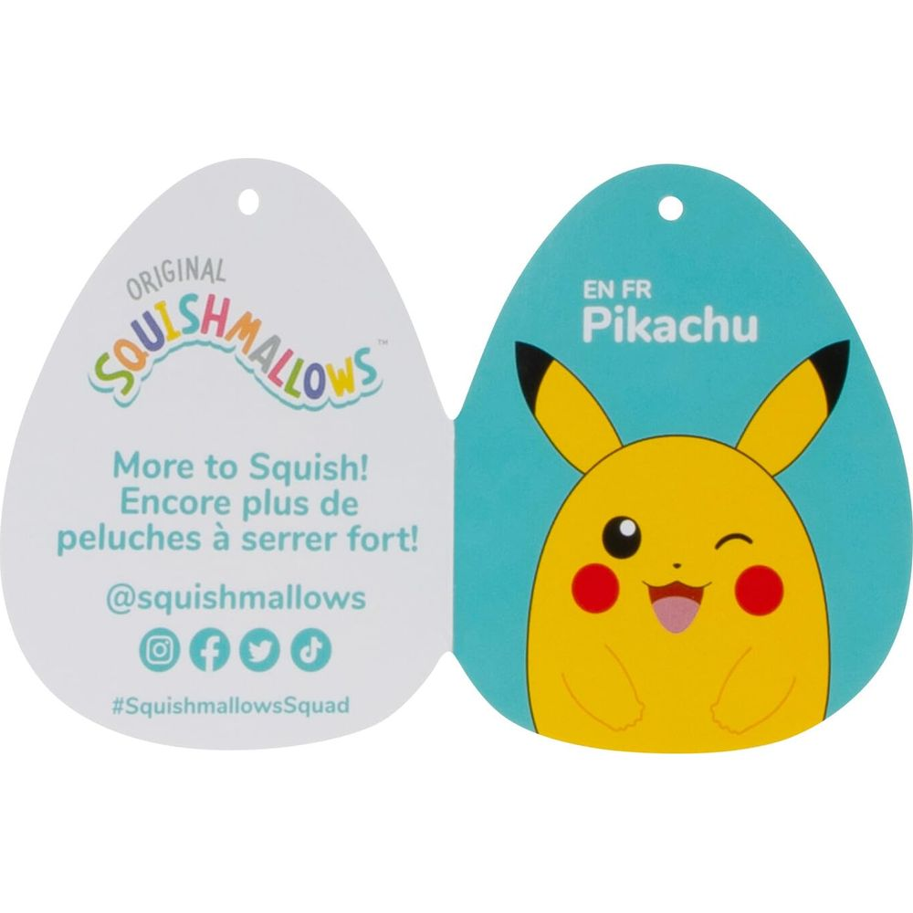 Etikett mit Pikachu und Squishmallows-Logo.