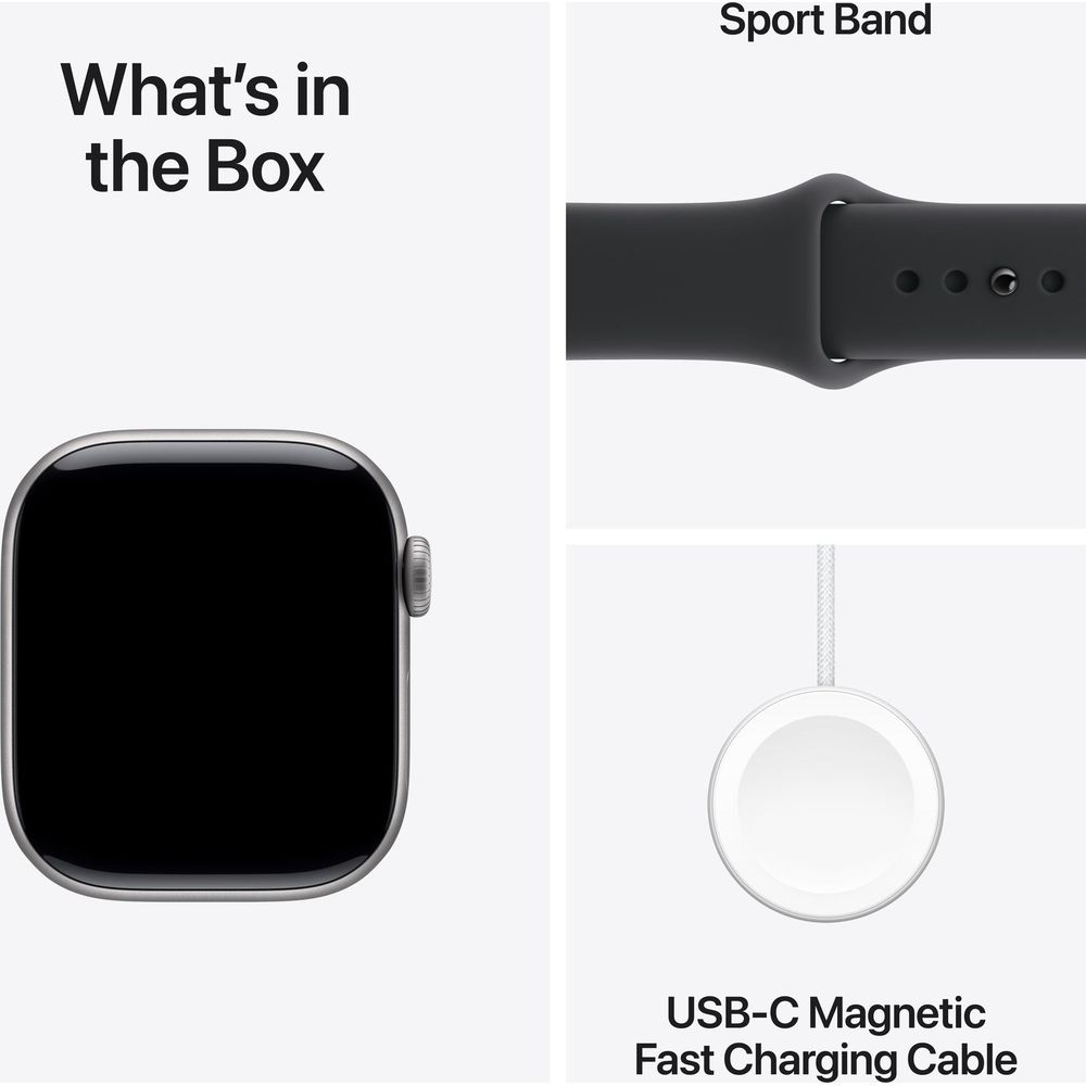 Apple Watch, cinturino sportivo e cavo di ricarica su sfondo bianco.