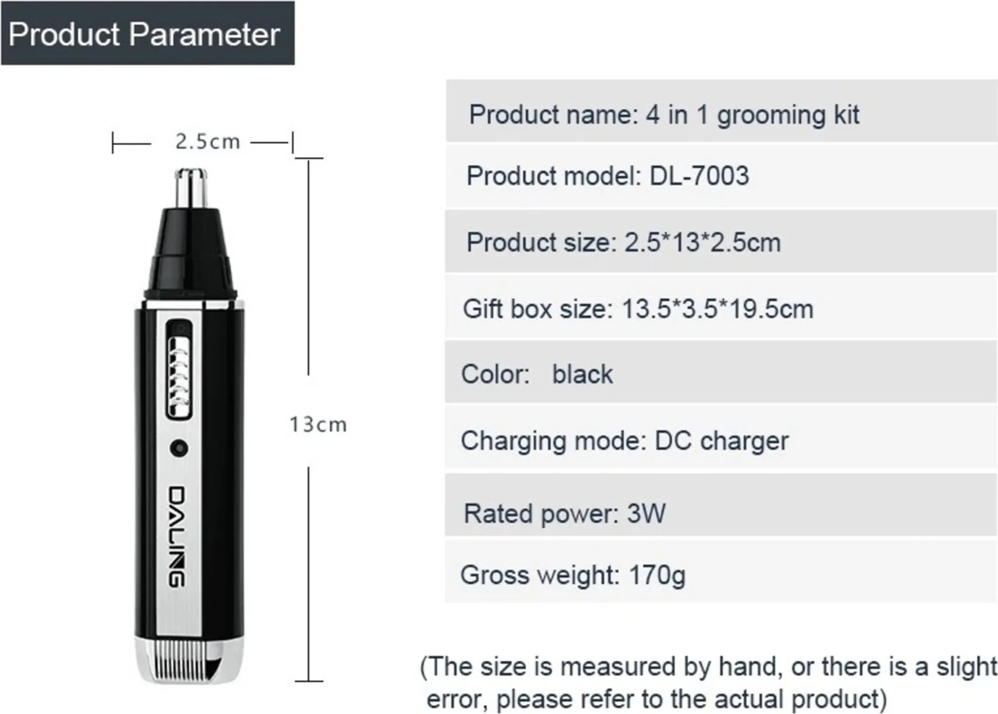 Schwarzer 4-in-1-Grooming-Kit, 13 cm lang, 2,5 cm breit.