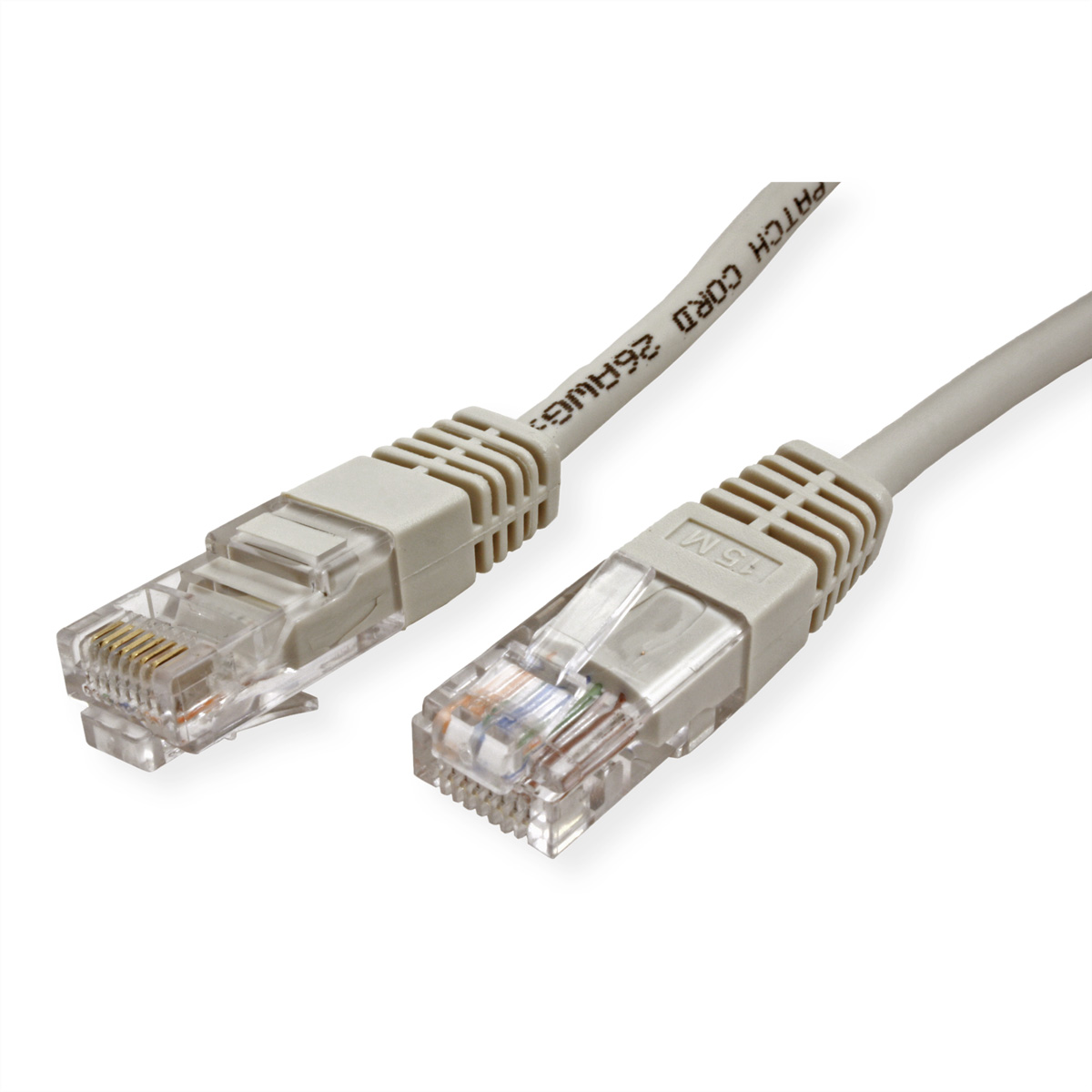 Graues Netzwerkkabel mit RJ45-Steckern, auf weißem Hintergrund.