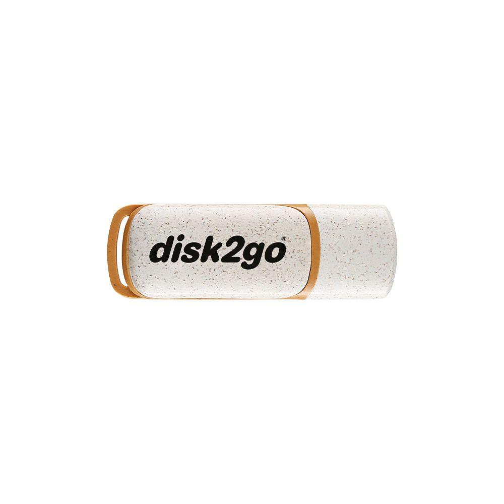 Une clé USB blanche avec des accents bruns et le texte "disk2go".