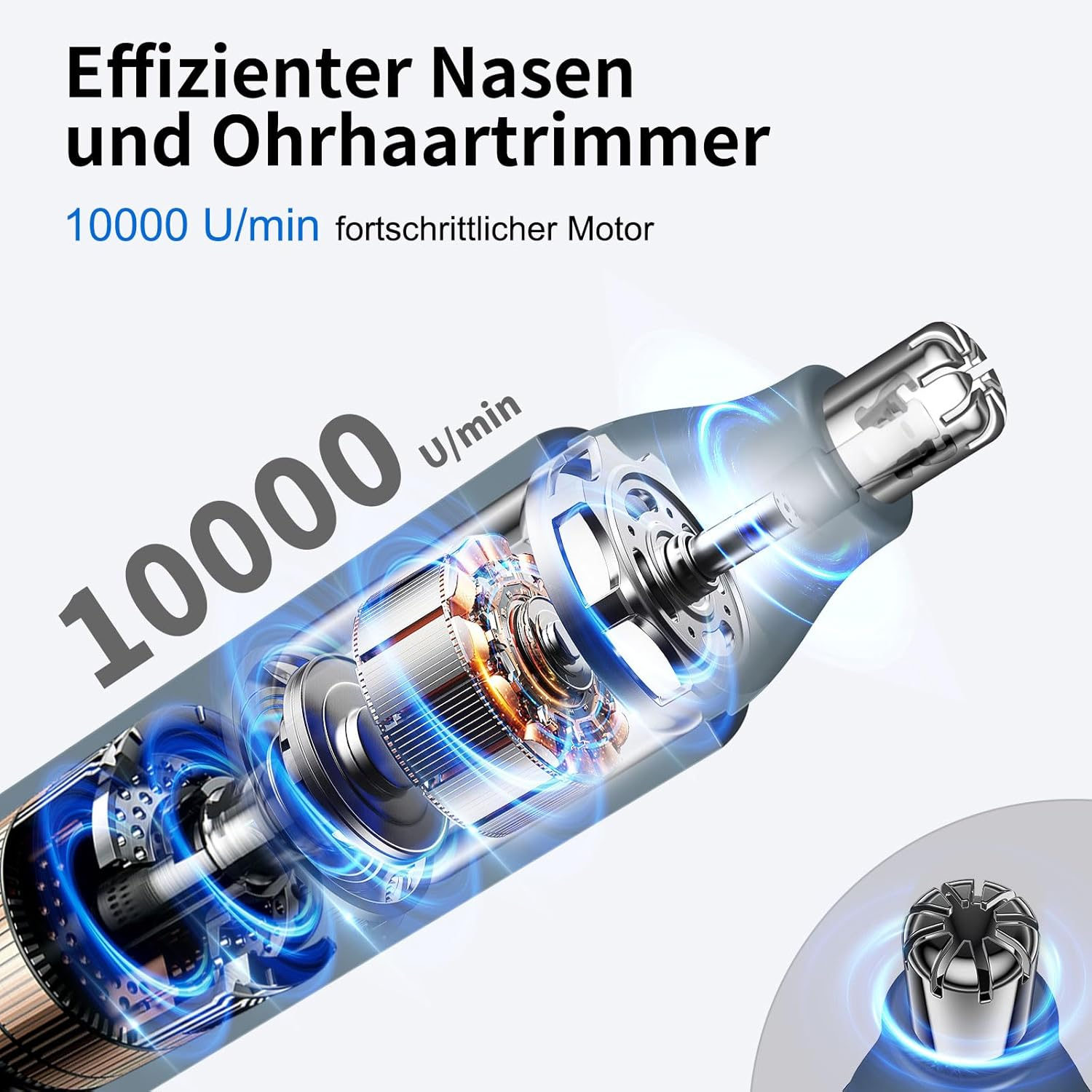 Schnittansicht eines Nasen- und Ohrhaartrimmers mit 10000 U/min Motor.
