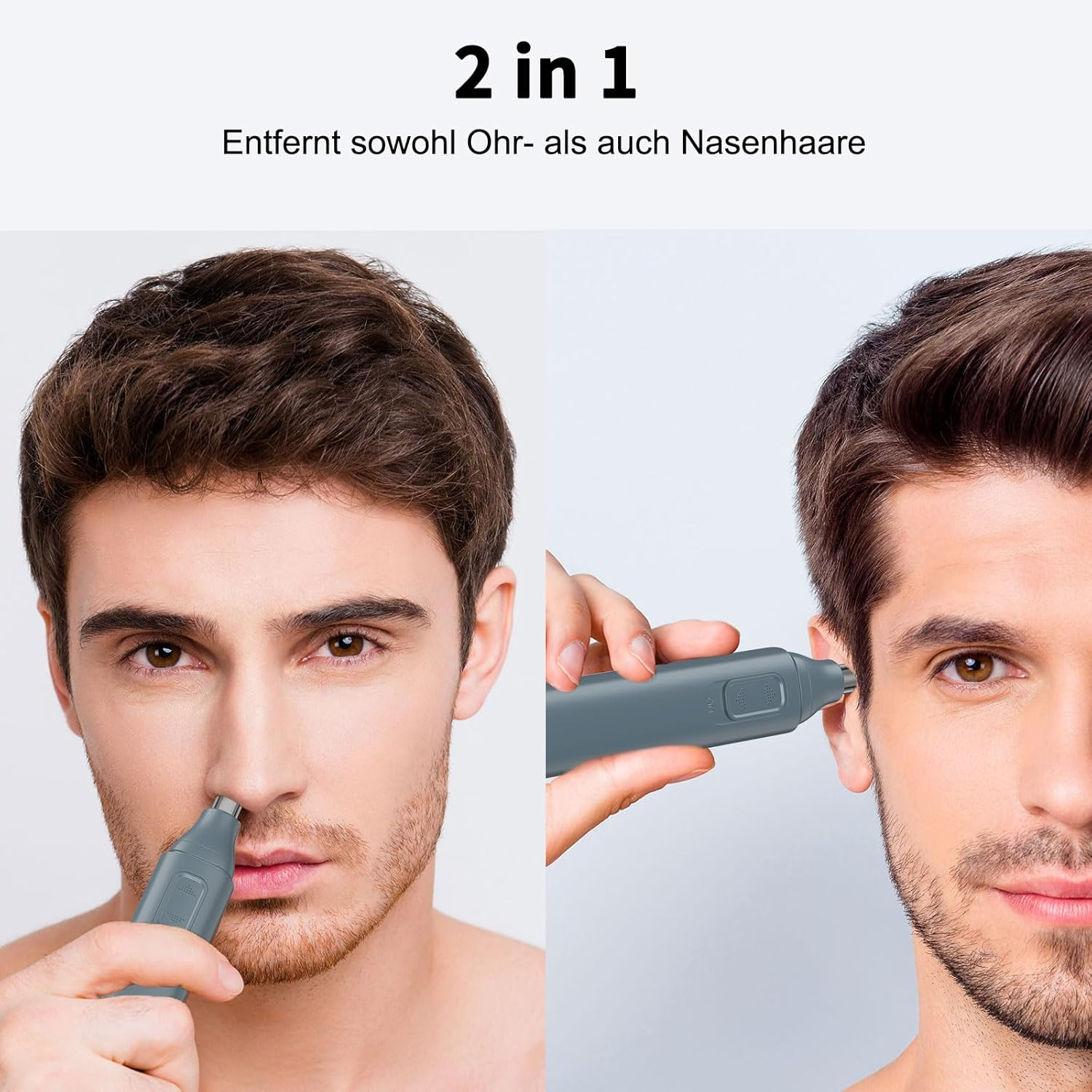Mann benutzt einen grauen Trimmer für Nase und Ohren.