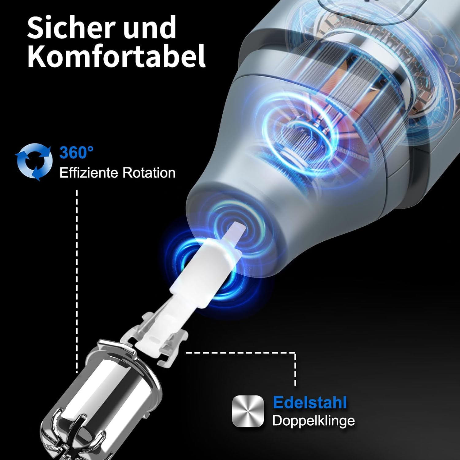 Elektrischer Rasierer mit 360° Rotation und Edelstahl-Doppelklinge.