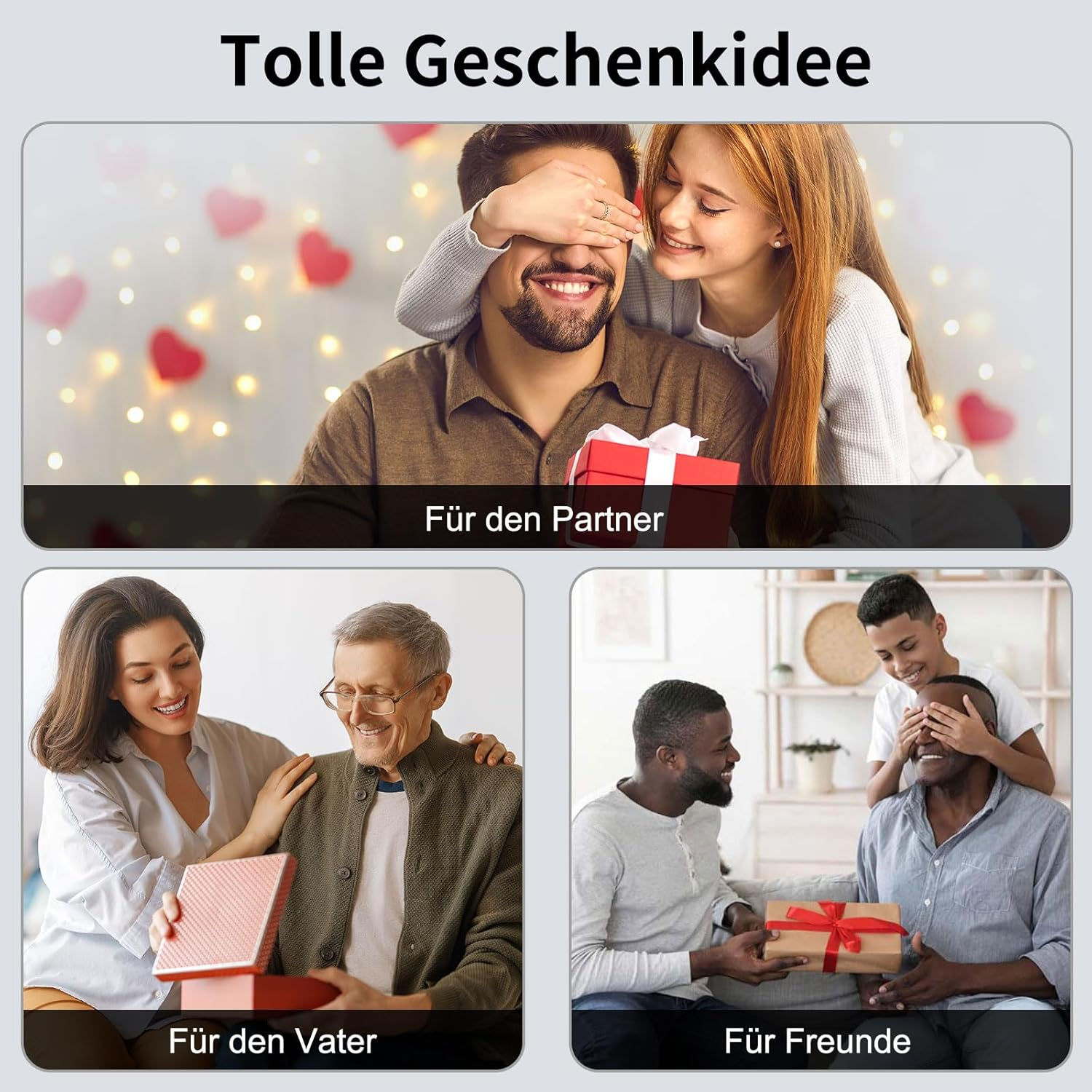 Mann erhält Geschenk, Frau verdeckt Augen. Junge gibt Vater Geschenk.