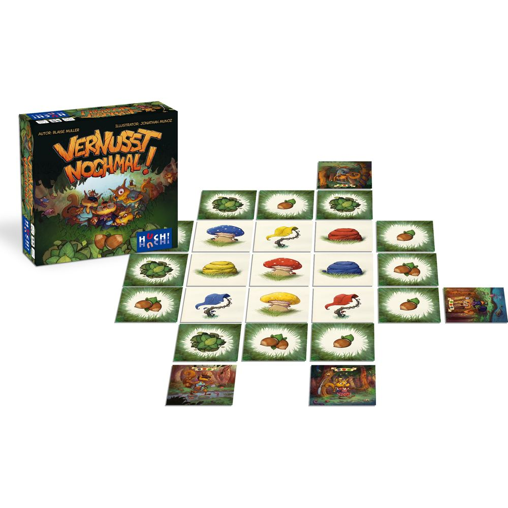 Brettspiel-Box und Spielsteine mit Pilzen, Eichhörnchen und Blättern.