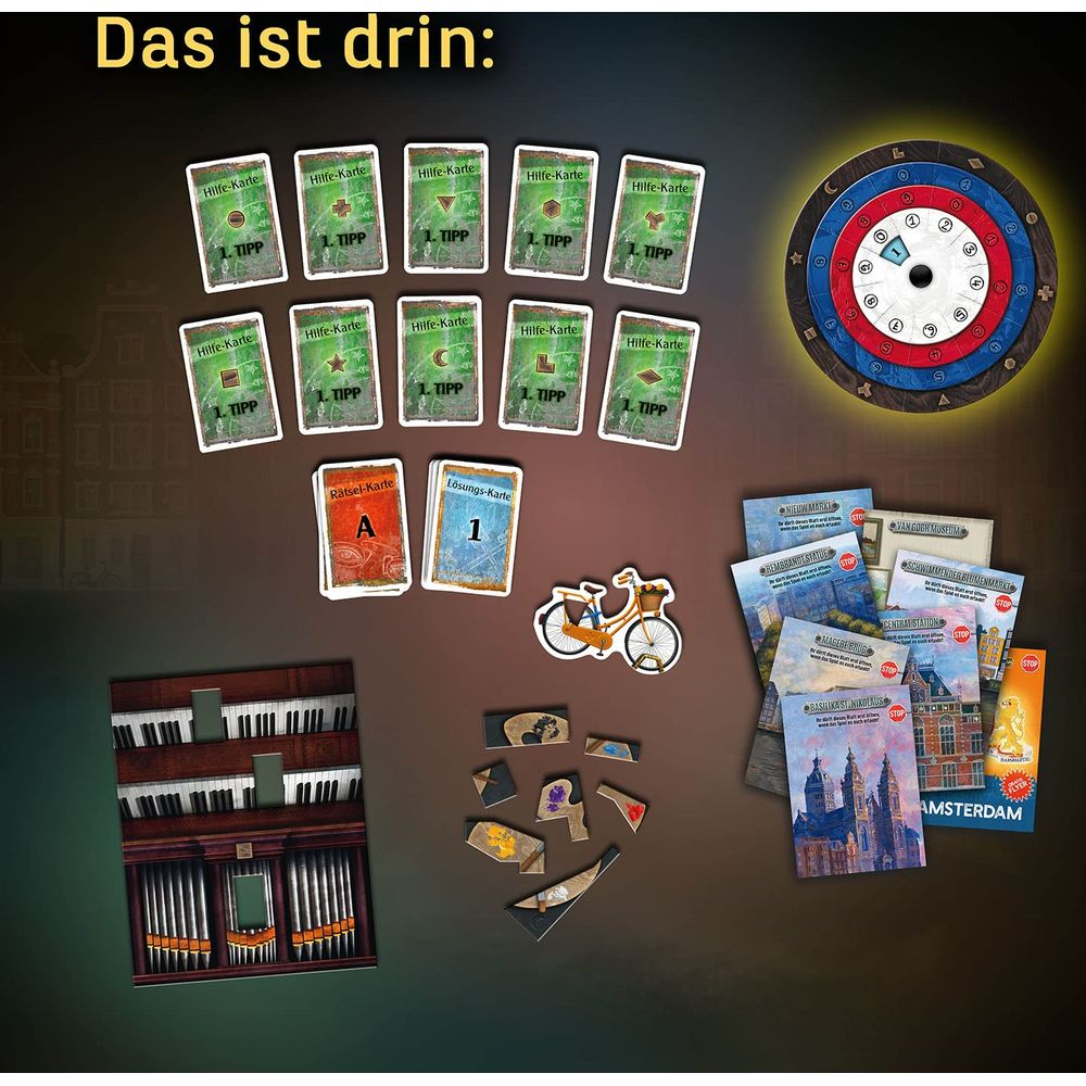 Brettspielkomponenten: Karten, Rätsel, Rad, Orgel und Fahrrad. Stadtansicht.