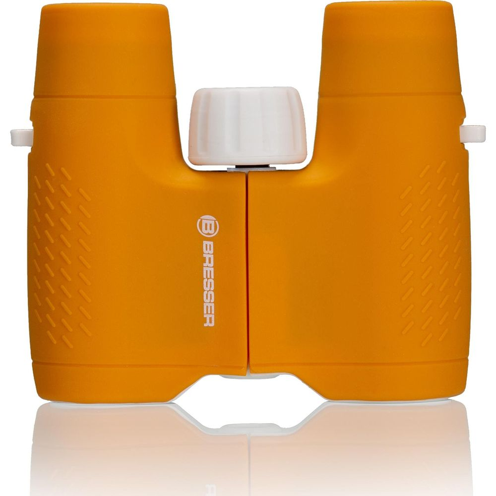 Orange Bresser Fernglas mit weißem Fokusrad und Bresser-Logo.
