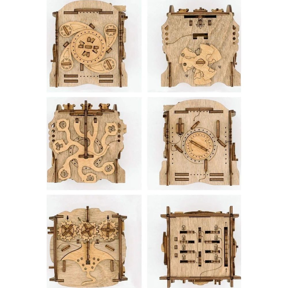 Sechs Holzbausätze mit komplexen Zahnrädern und mechanischen Teilen.