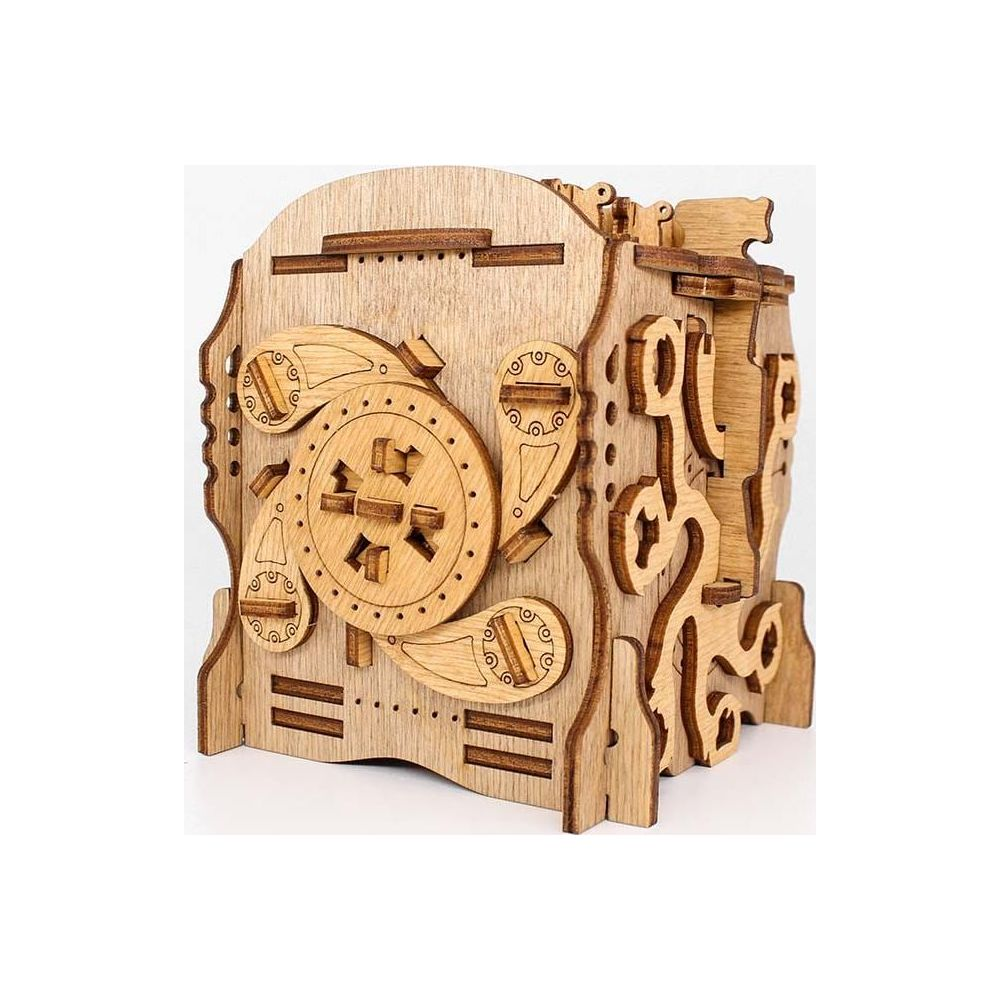 Holzmechanisches Modell mit Zahnrädern und Hebeln.