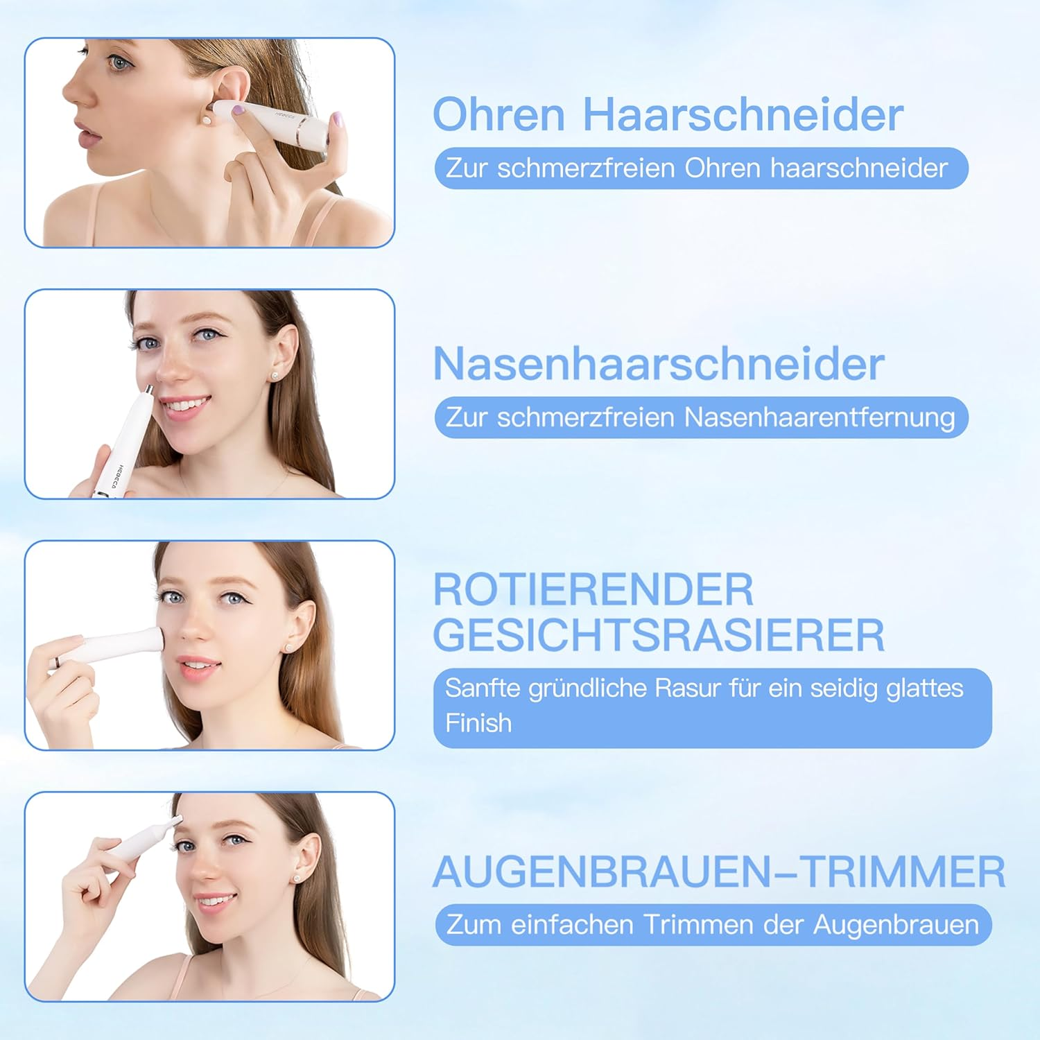 Frauen benutzen Ohr-, Nasen-, Gesichts- und Augenbrauen-Trimmer.