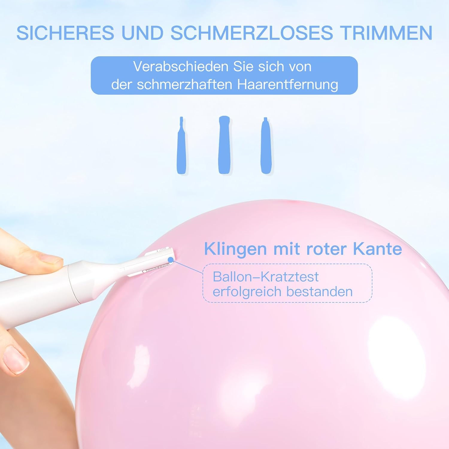 Ein weißer Haartrimmer berührt einen rosafarbenen Ballon. Klingen mit roter Kante.