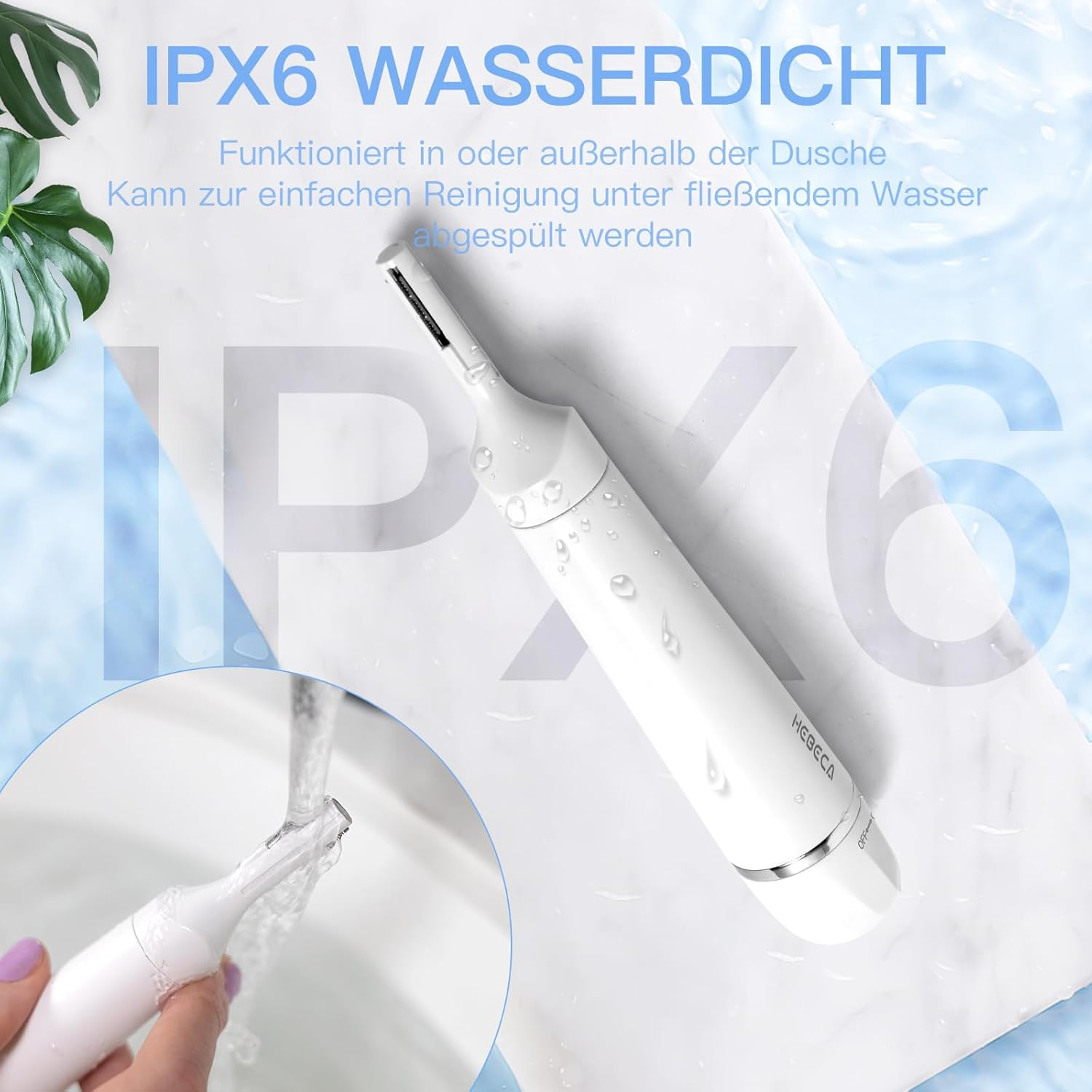 Ein weißer Wasserdichter Epilierer mit IPX6-Zertifizierung wird in einer Spüle unter fließendem Wasser gereinigt.