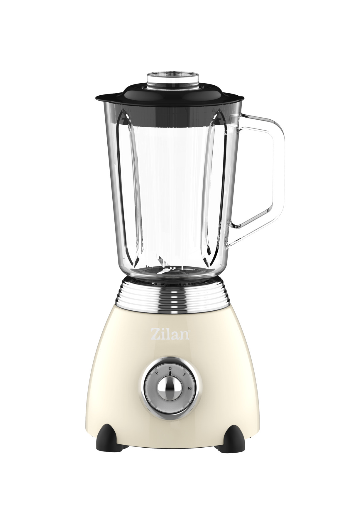 Krem rengi retro blender, cam sürahi ve siyah kapaklı.