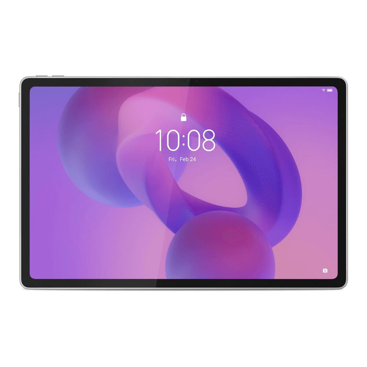 Un tablet con sfondo viola e rosa, che mostra le 10:08.